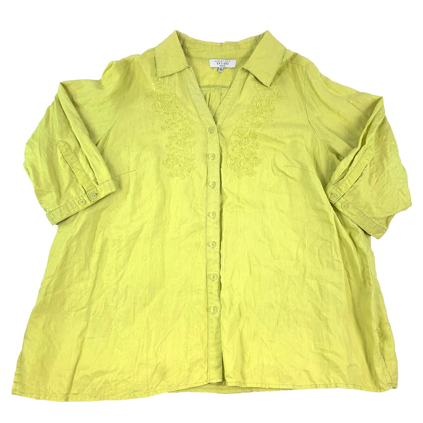 August Silk Options Button Up Blouse Sz 1X 100% Linen Lime Green Embroidered SEE