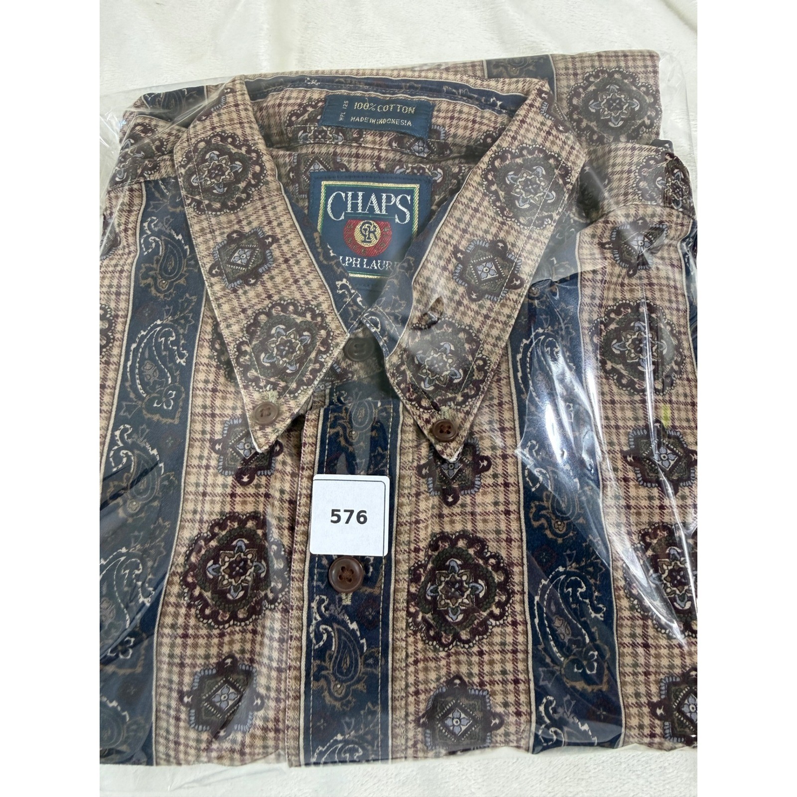 Chaps Ralph Lauren Button Shirt Men’s L Beige Blue Paisley Medallion Vintage