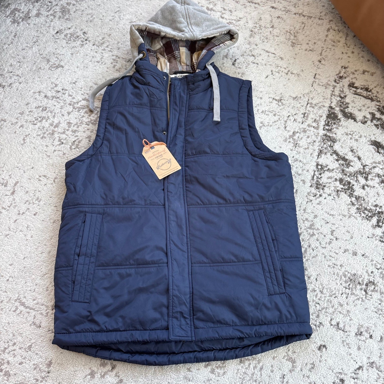 Weatherproof Vintage Mens Hooded Puffer Vest Navy Blue Plaid Lined size Small