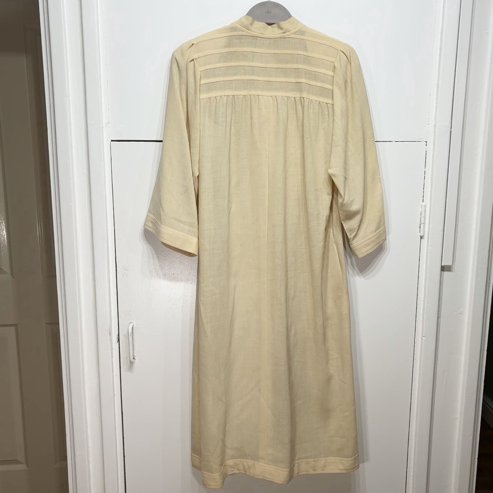 Jean Muir Dress Vintage Yellow Toggle Button Neck Tie Shoulder Padded UK 10