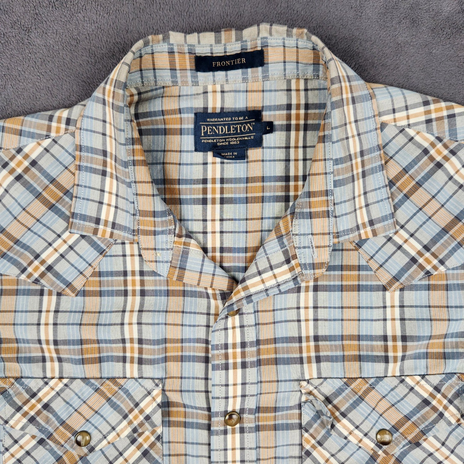 Pendleton Frontier Shirt Mens Large Blue Tan Plaid Short Sleeve Western Snap