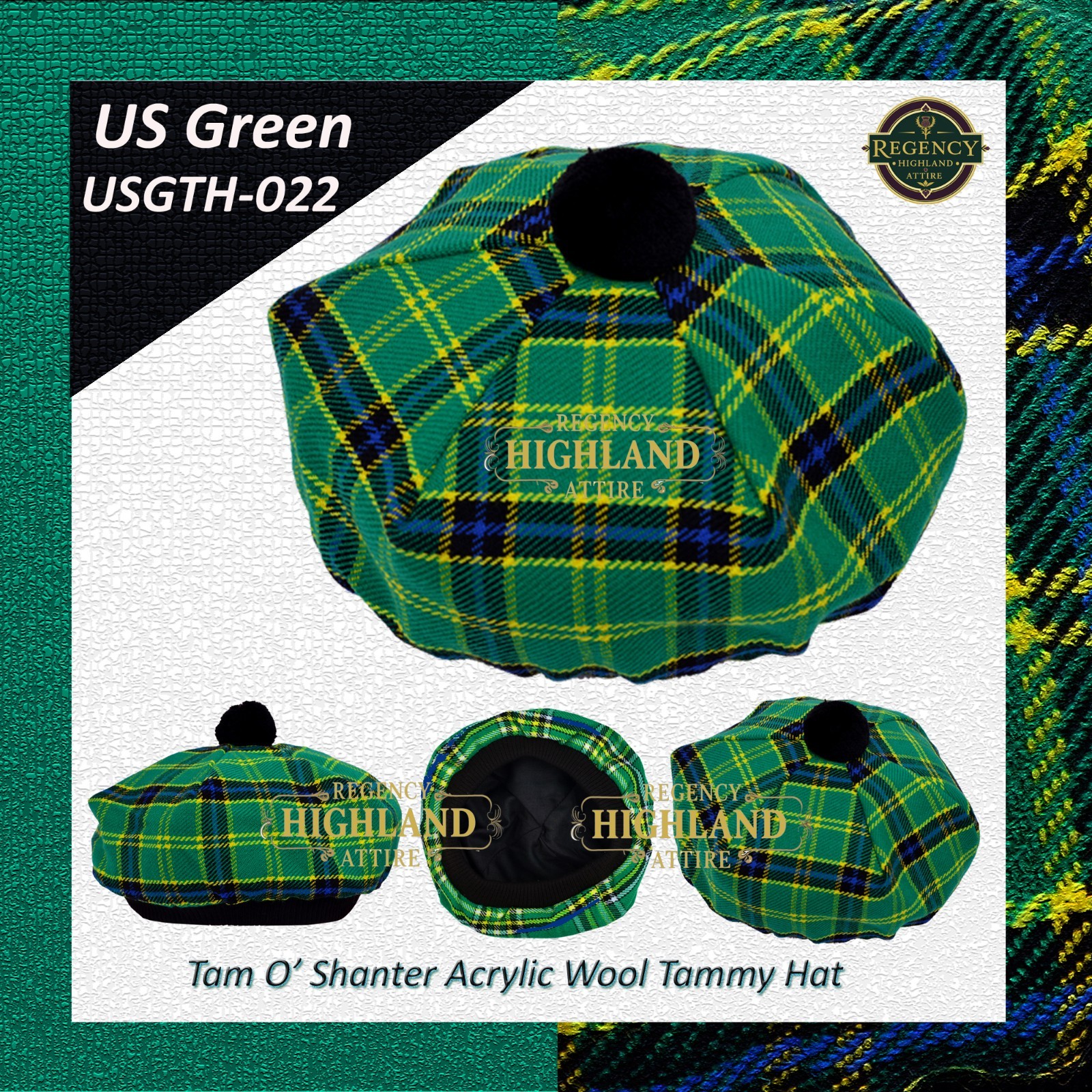 Unisex Great Scottish Highland Tam O Shanter Hat Made of Acrylic Wool Tartan.