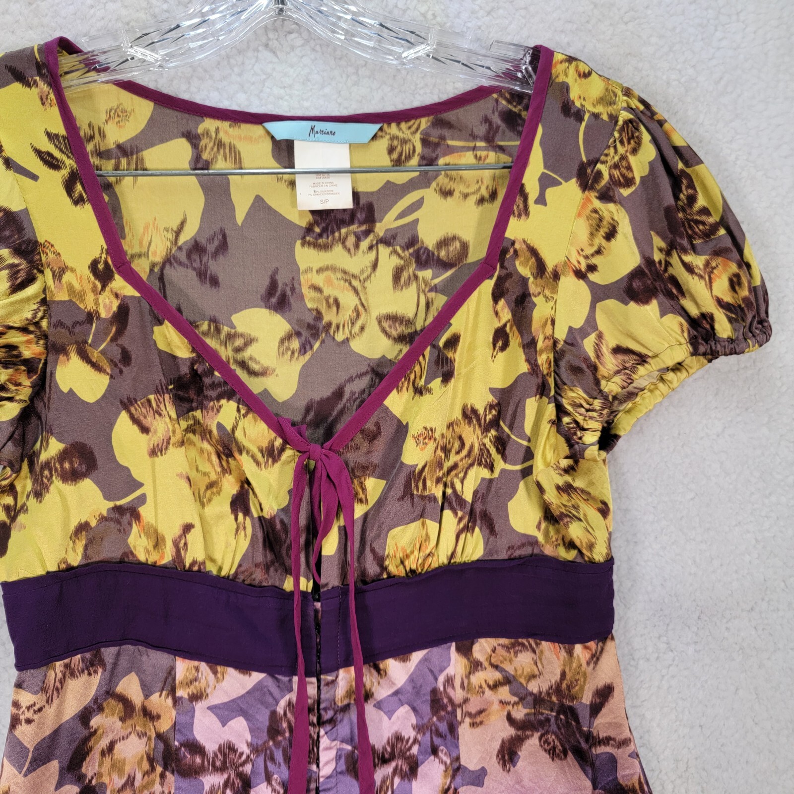 Marciano Women Top Size S Yellow Floral Ombre Silk V Neck Y2K Puff Sleeve Blouse