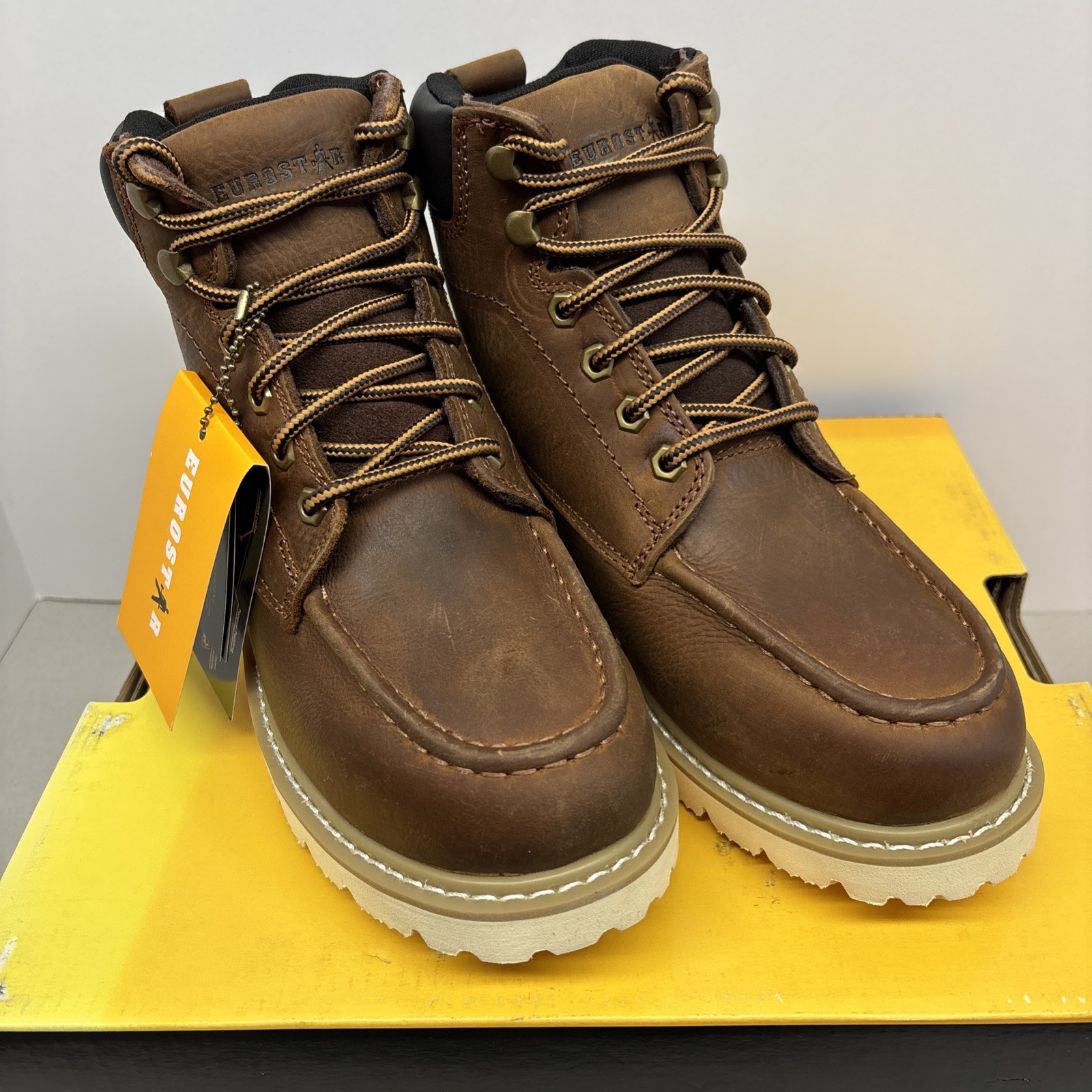 Eurostar Brown Leather Men’s Work Boots Lace Up Rugged Rubber Sole Round Toe 6.5