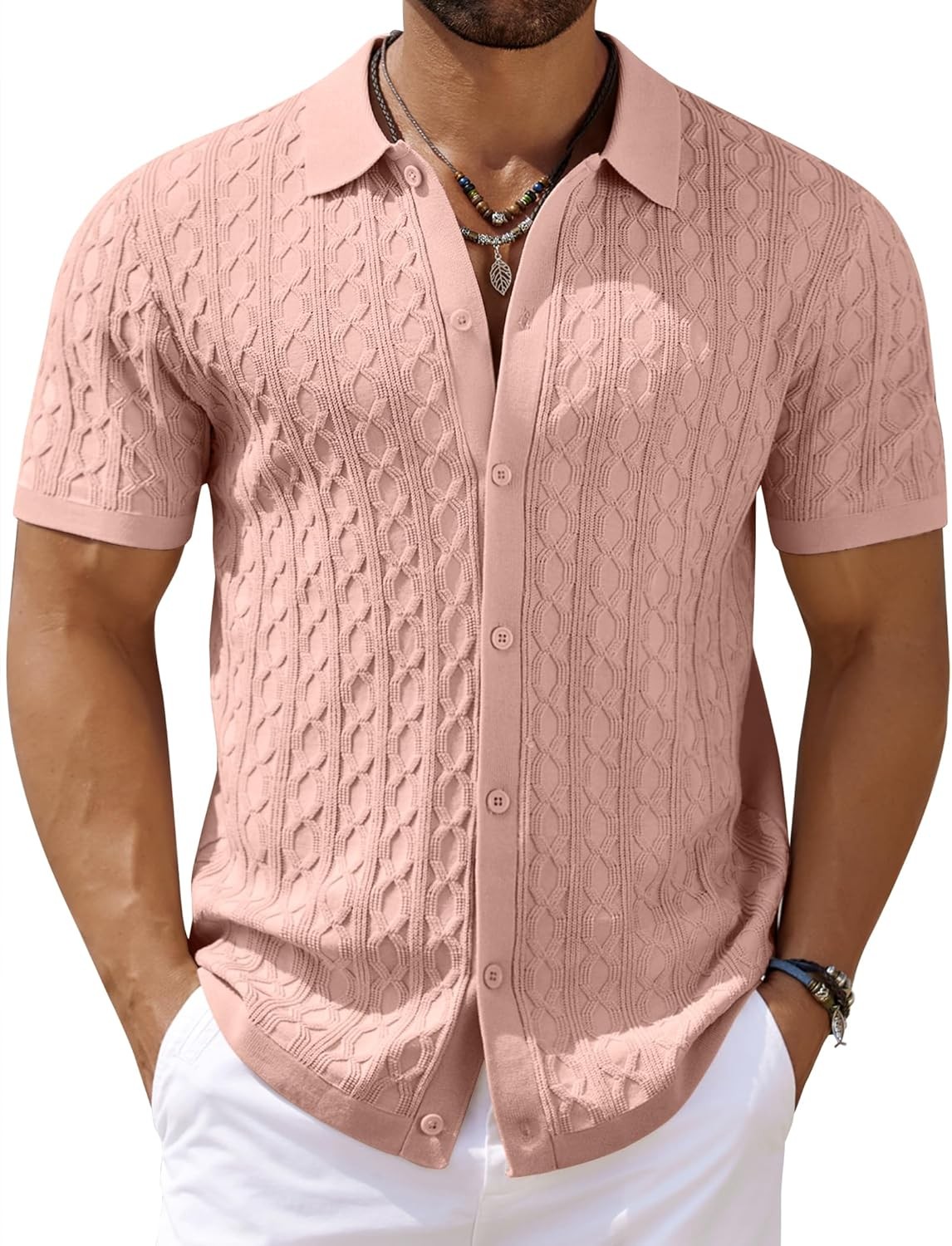Men’s Knit Short Sleeve Shirts Button Down Vintage Knitted Polo Shirt