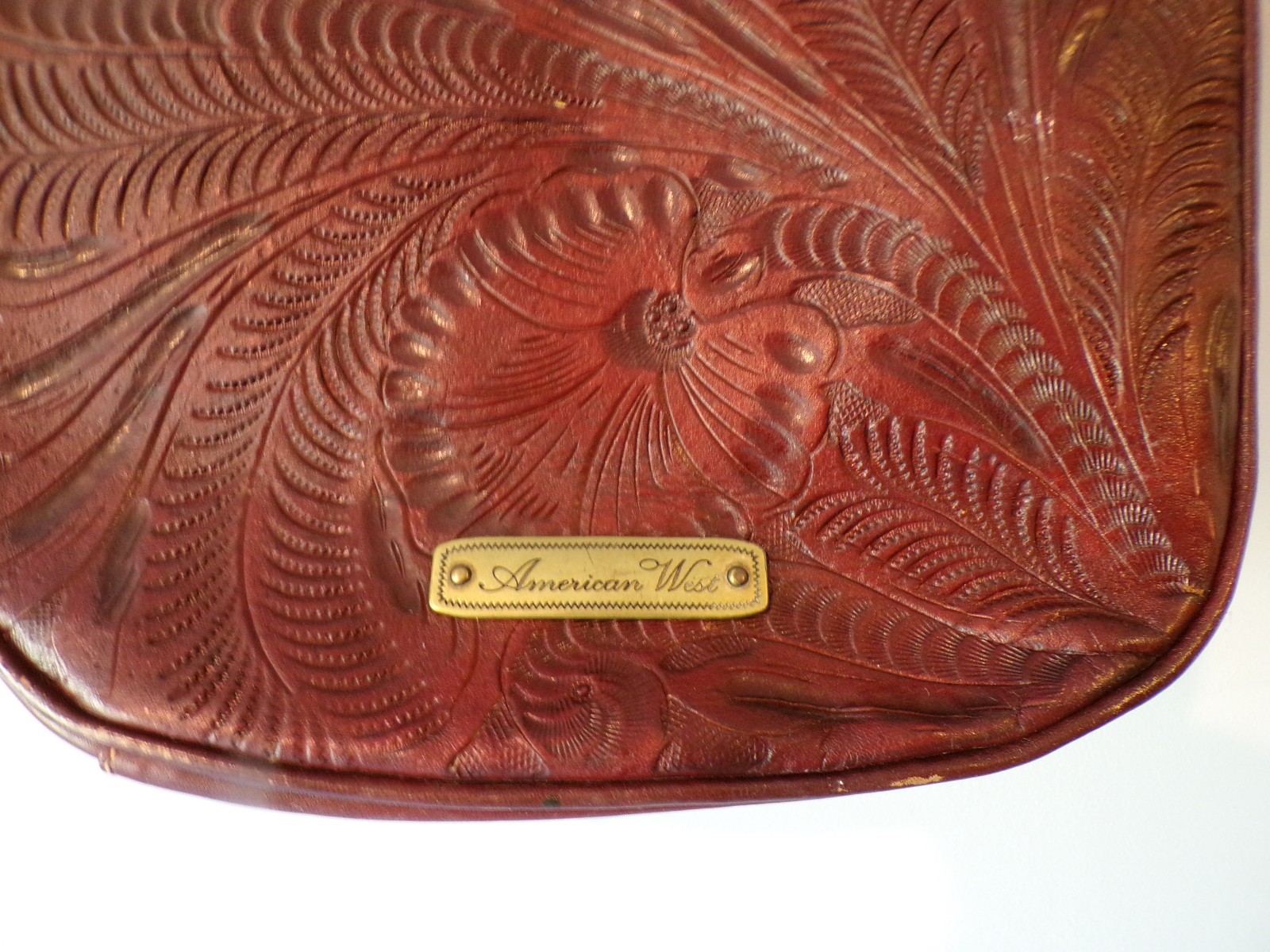 American West Hand Tooled Design Leather Handbag, Deep Red