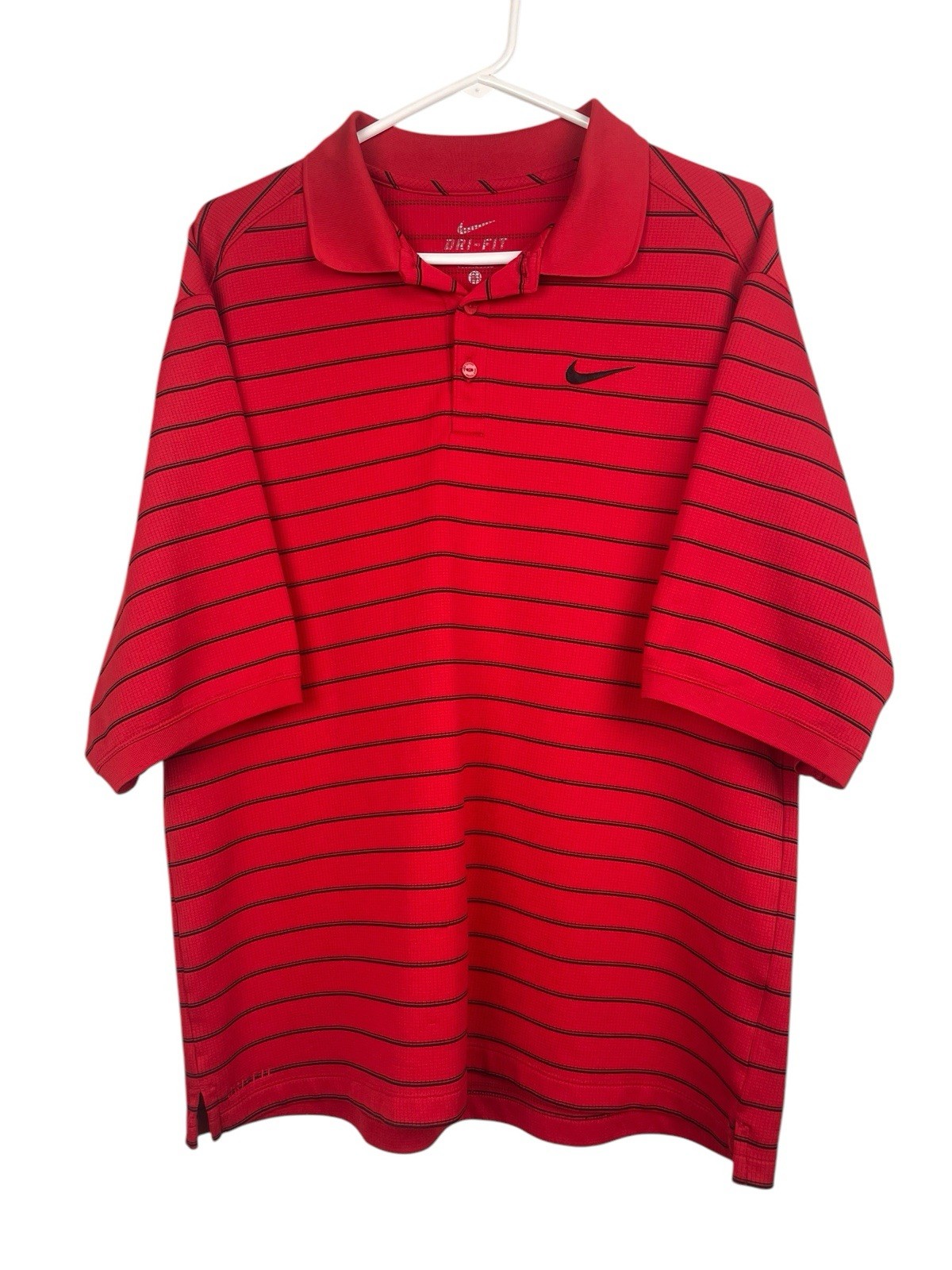 Nike Dry Fit Mens Large Polo Shirt Red With Black Stripes Short Sleeve Golf