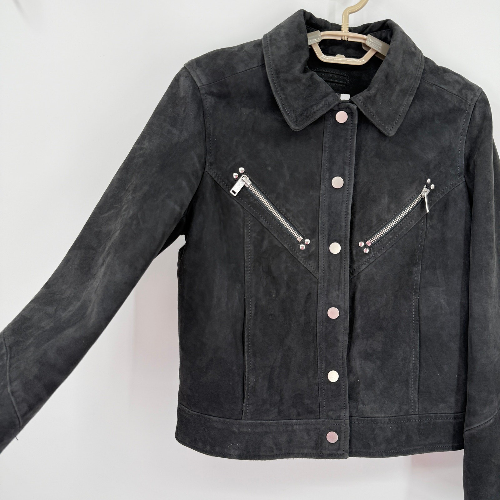 Mint Velvet 100% Suede Leather Western Jacket zipper Charcoal Biker EU 36 US 4
