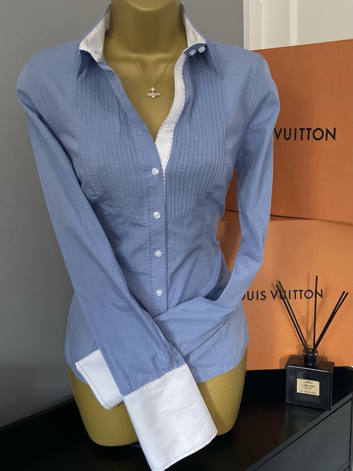 Pristine Thomas Pink Blue Fitted Pleated Tuxedo double Cuff Shirt Stunning UK 10