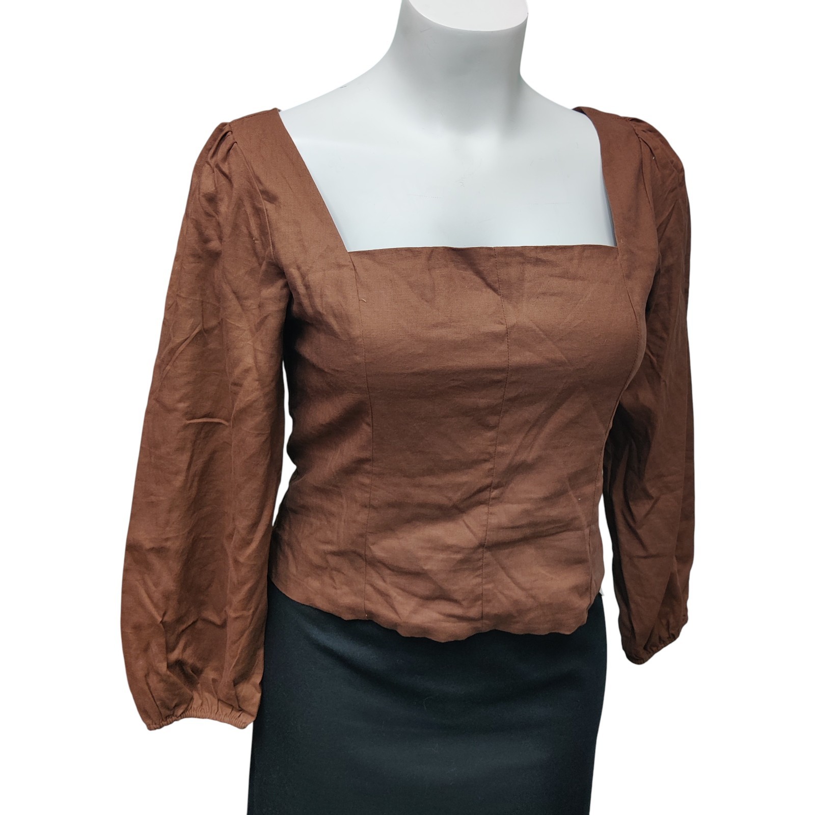 Gap Top Womens XL Brown Linen Blend Smocked Back Puff Sleeve Boho Hippie