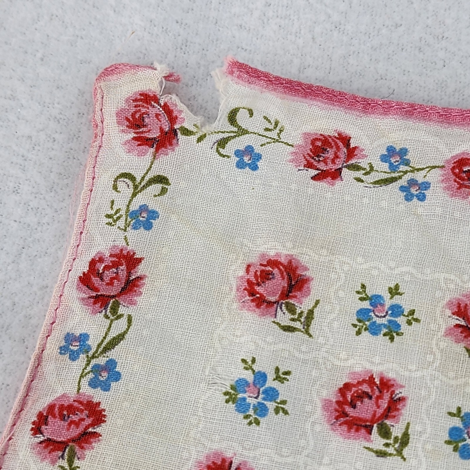 Vintage Handkerchief Red Roses in Original Paper Envelope 11.5” Floral FLAWED