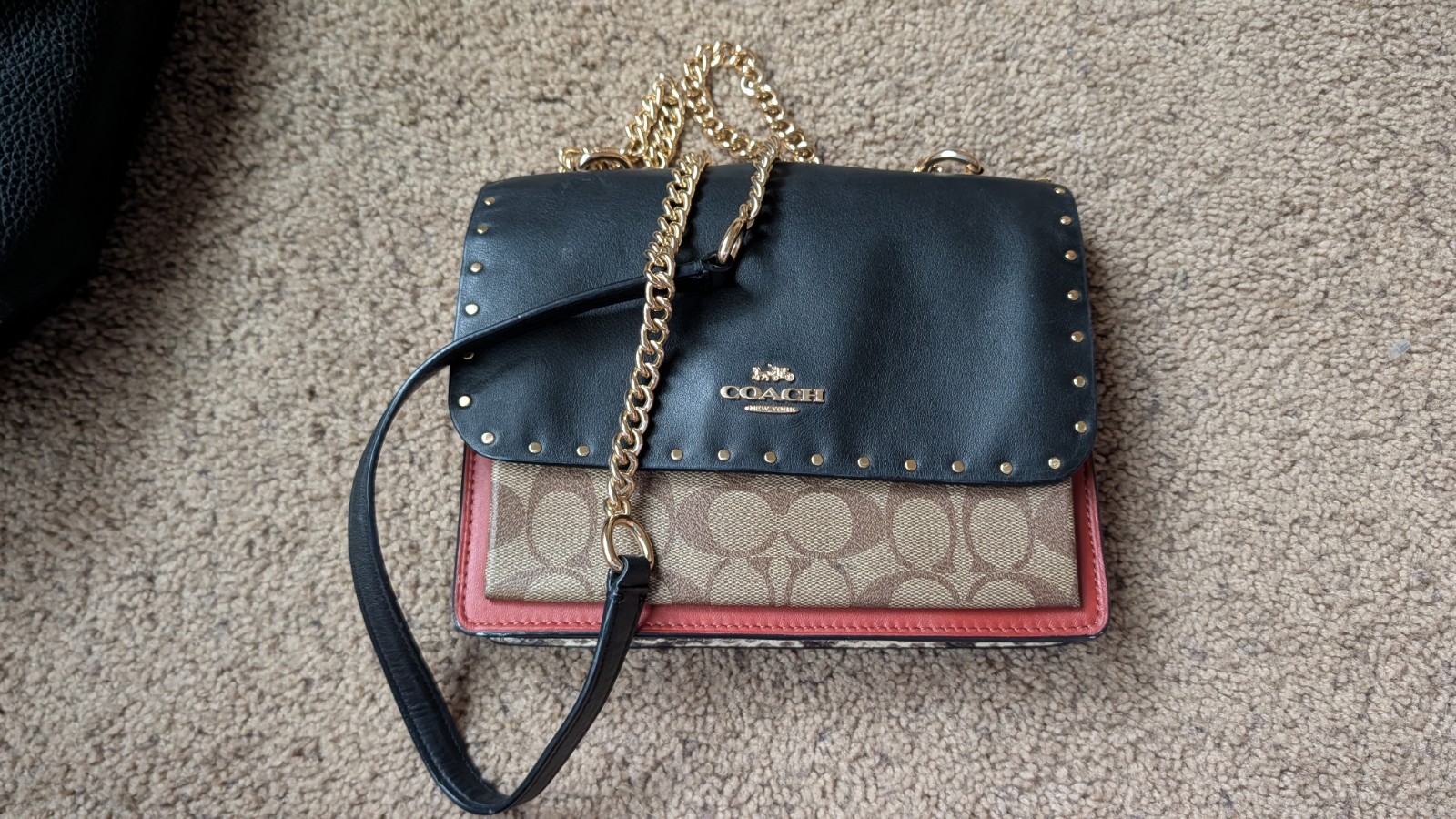 Coach Signature Logo Studded Flap Crossbody/Clutch Chain Detachable Black