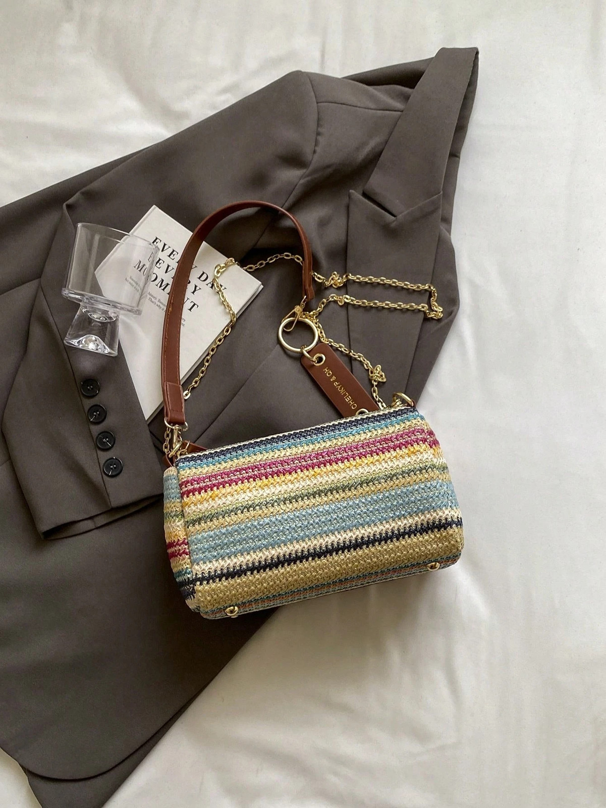 New Spring Summer Contrast Striped Woven Straw Shoulder Bag, Fashion Letter