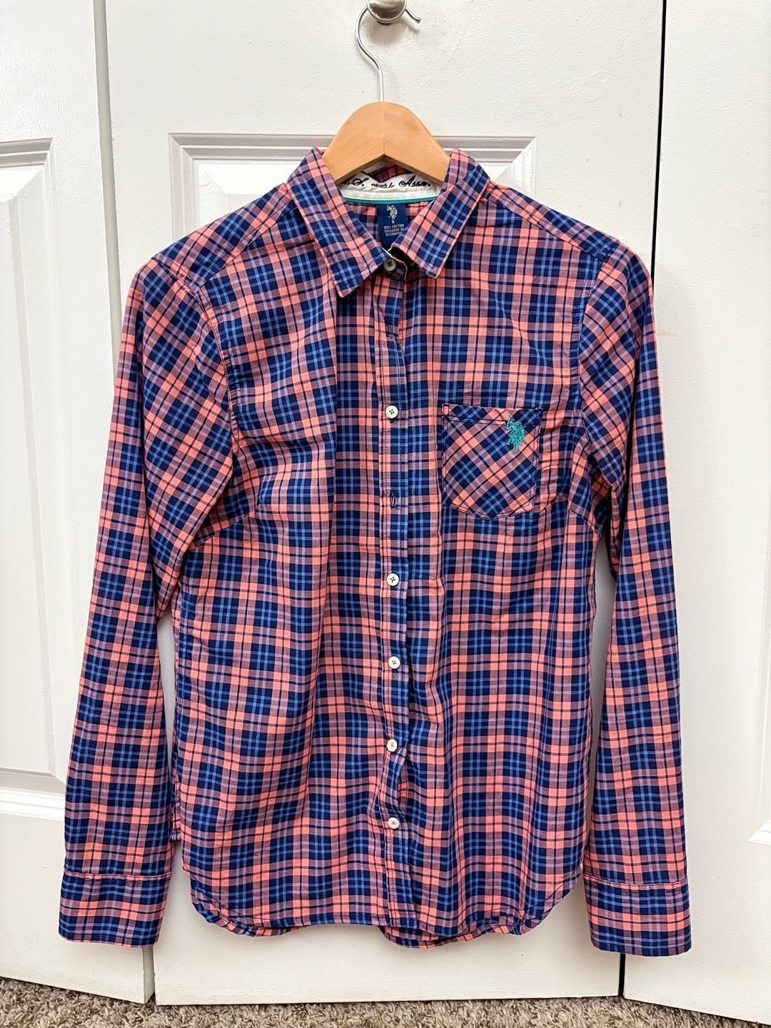 US Polo Association Botton Down Blue + Pink Plaid | Small Womens