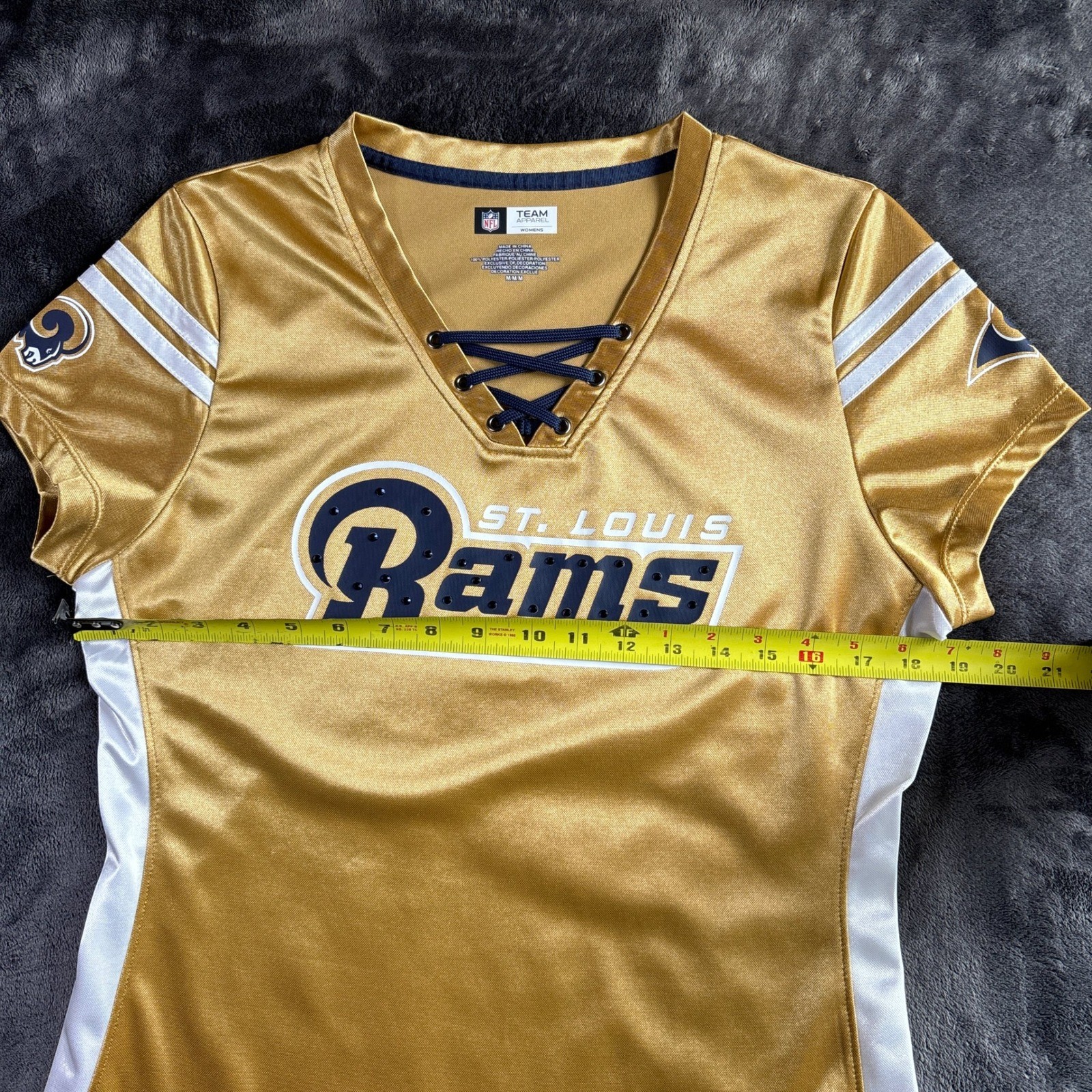 NFL Team Apparel St. Louis Rams Womens Gold Lace Up Jersey Shirt Medium Bling