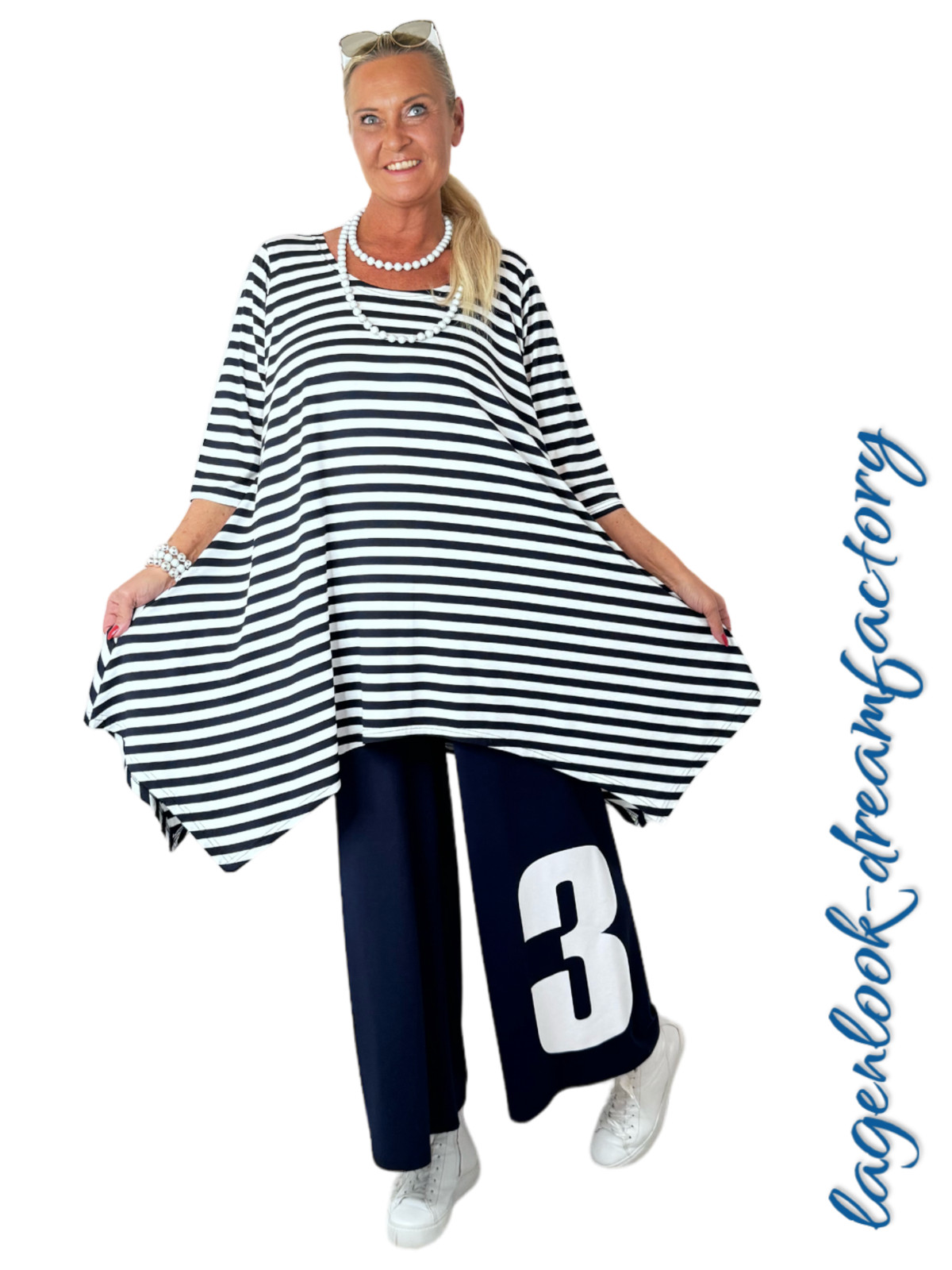 Layered Look A-Line Long Tip Tunic Navy White 5 Sizes 42 44 46 48 50 52 54