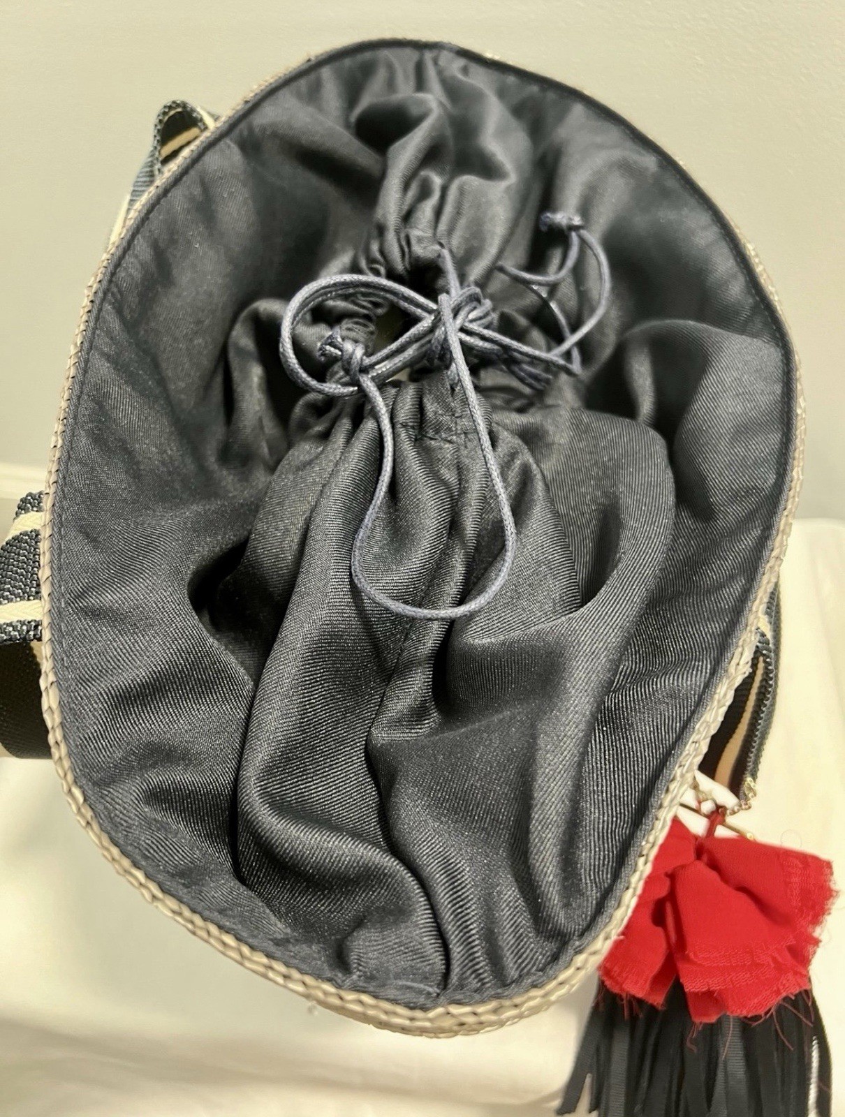 Lanvin Blue And Gray Straw Handbag With Red Flower Accent, Medium Size