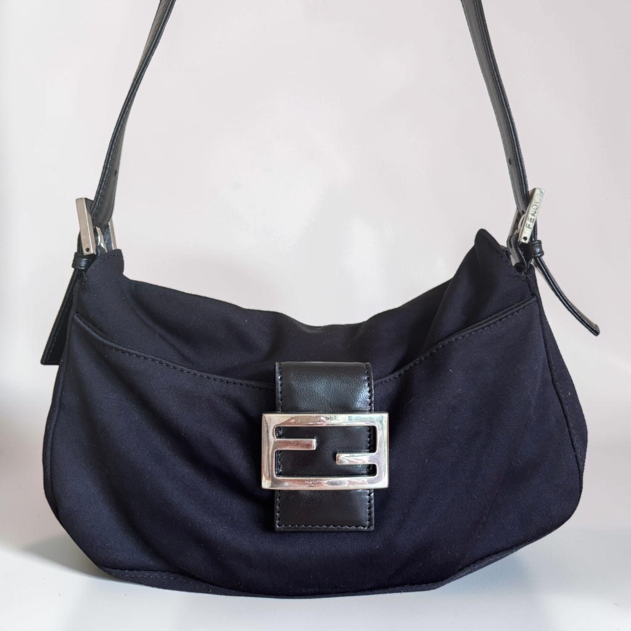 FENDI Mamma Baguette FF Nylon Shoulder Bag Black
