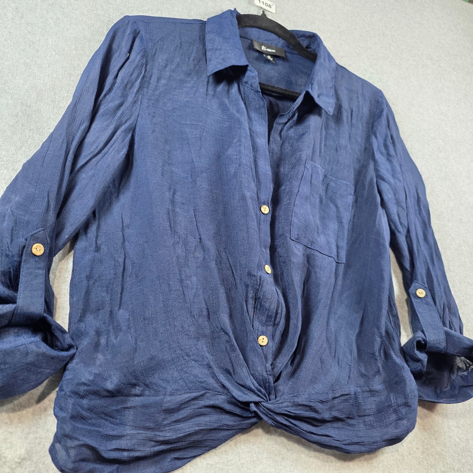 B-Wear Women Navy Blue Twist Front Roll Tab Sleeve Button Up Blouse Size M