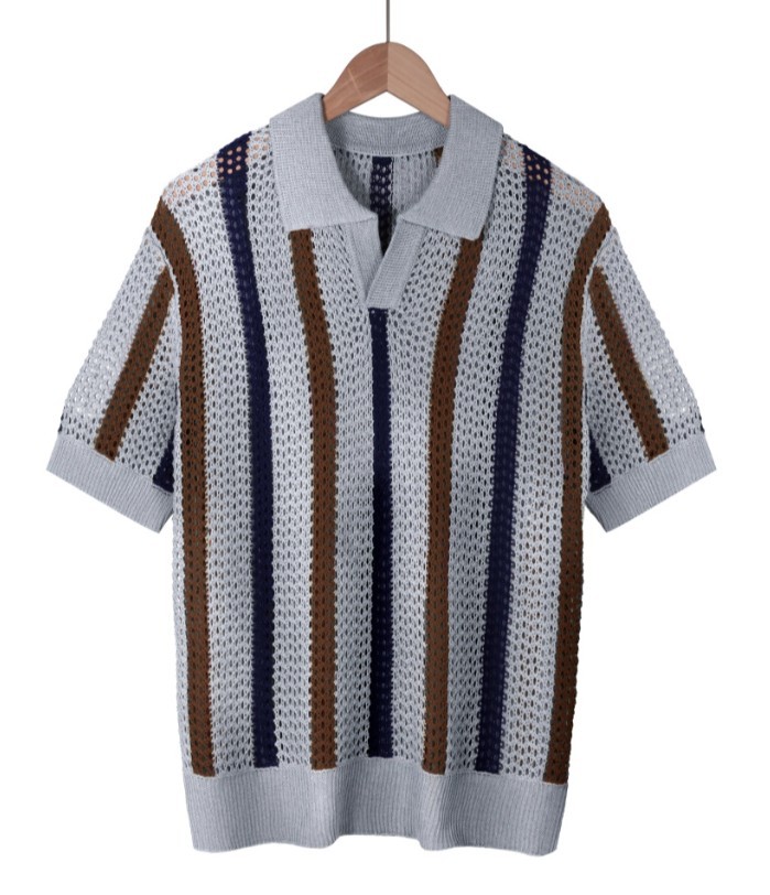 Men’s V-Neck Collared Knit T-Shirt Hollow Out Striped Short Sleeve Tee