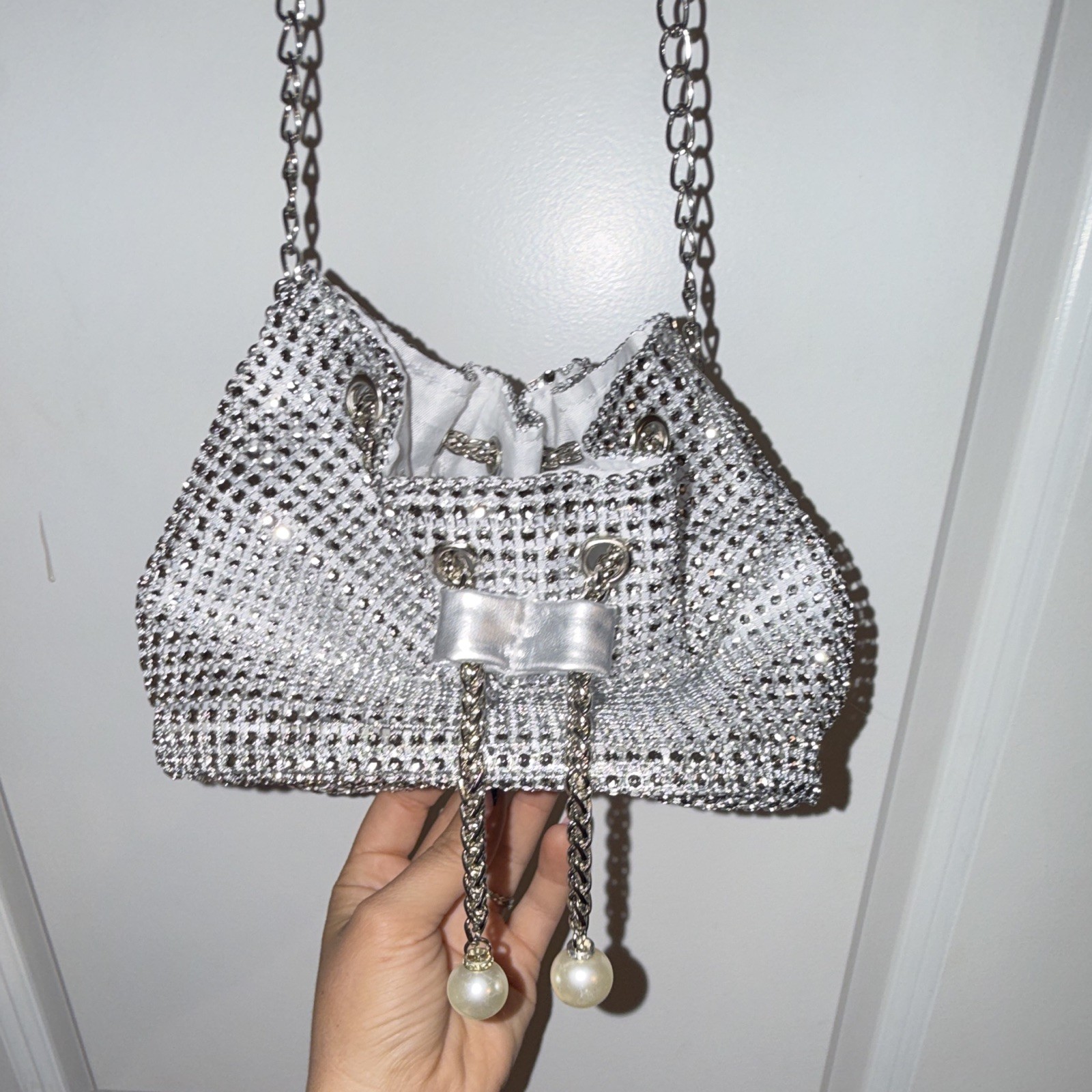 Silver Rhinestone Drawstring Evening Bag Chain Strap, Pearl Bow Accents Lined