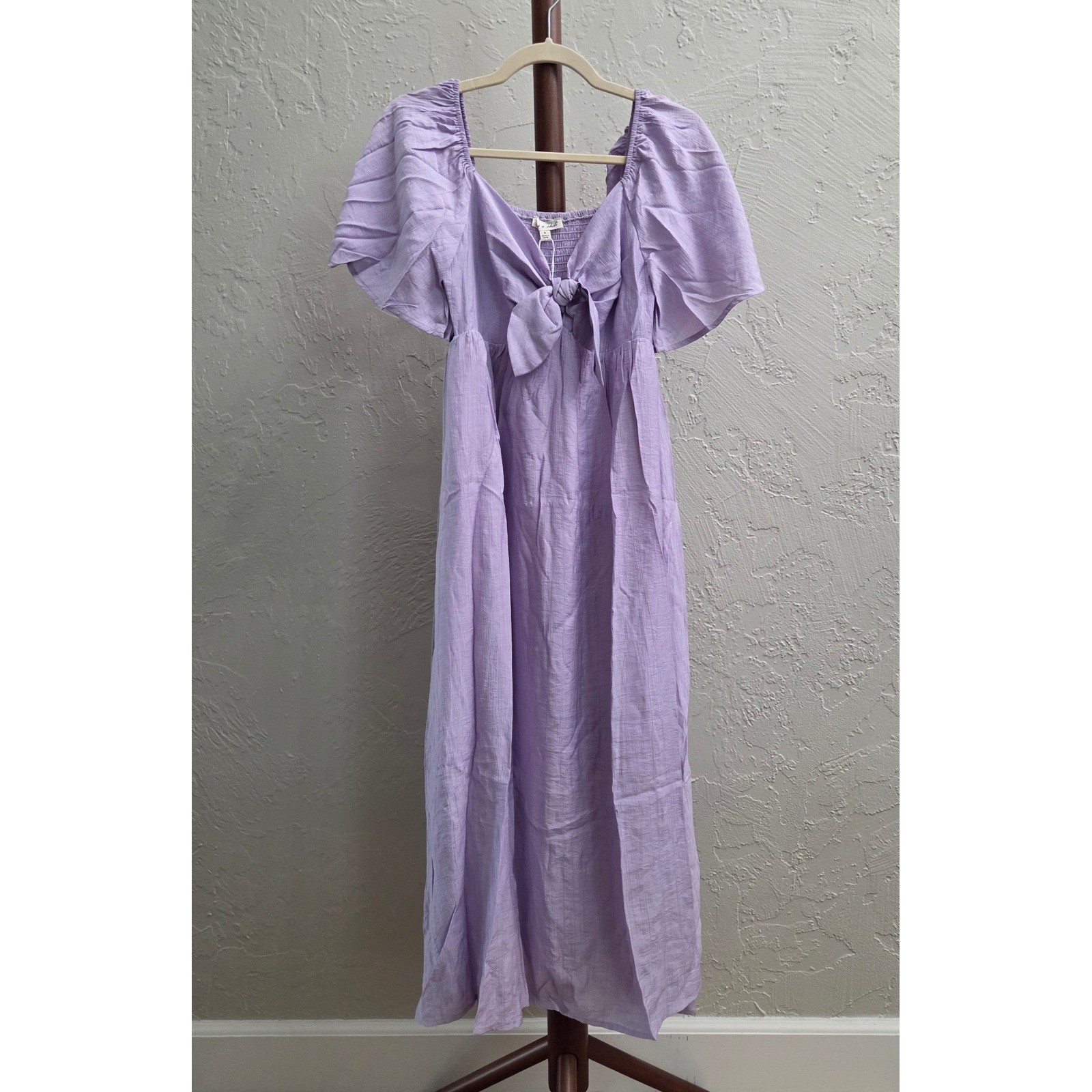 D155. Flutter Sleeve Tie Front Smocked Midi Dress