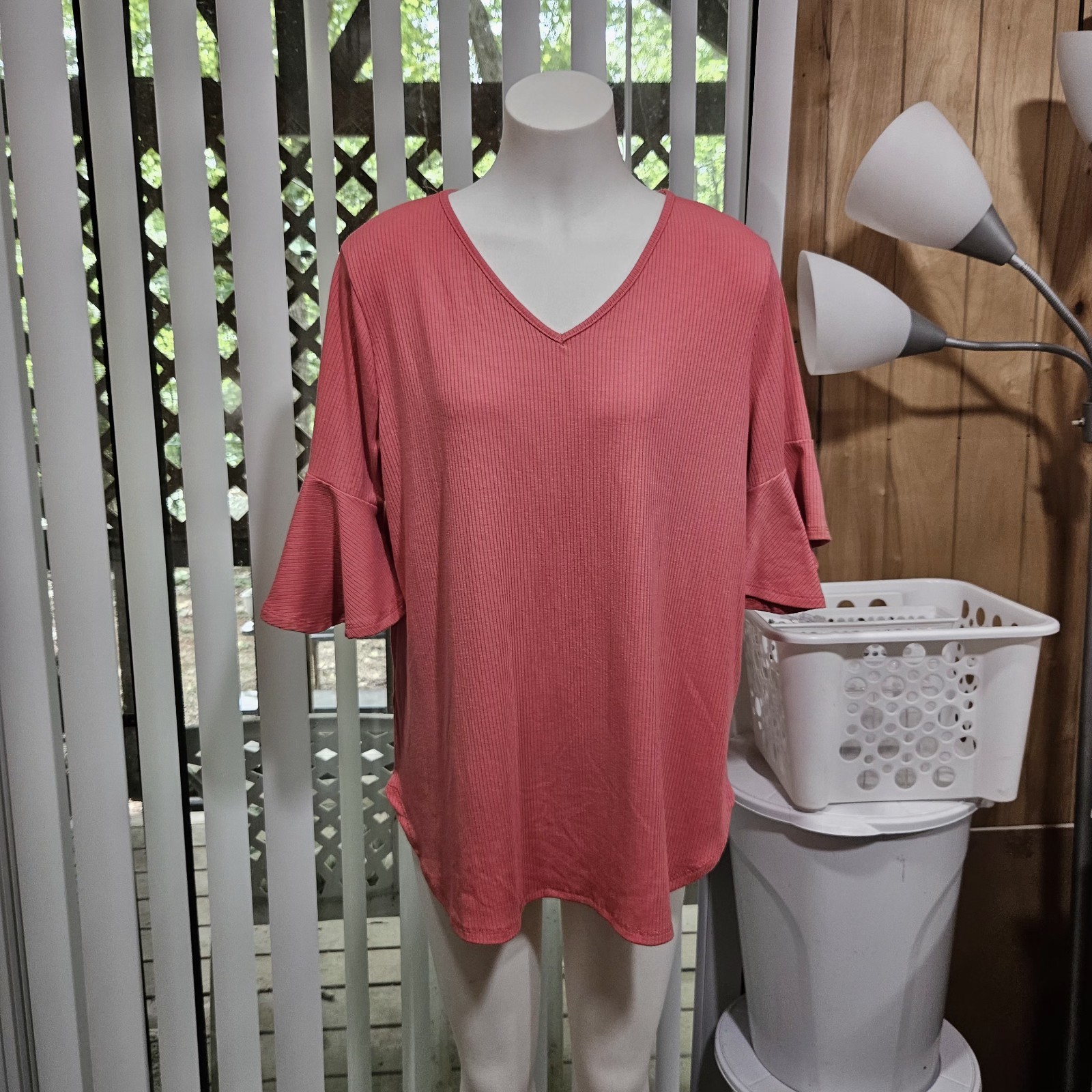 PERFECT PEACH Terracotta Rib Knit Ruffle Flutter Sleeve Top Large