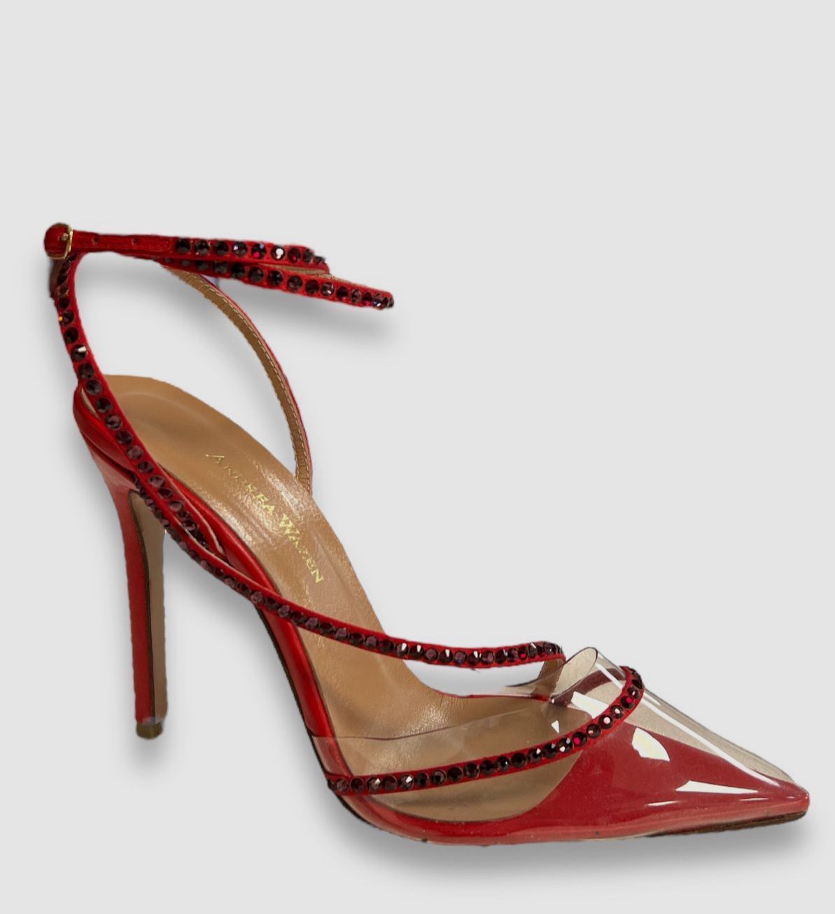 $695 Andrea Wazen Women’s Red Dassy Sunset Clear PVC Ankle Wrap Pumps 37-38