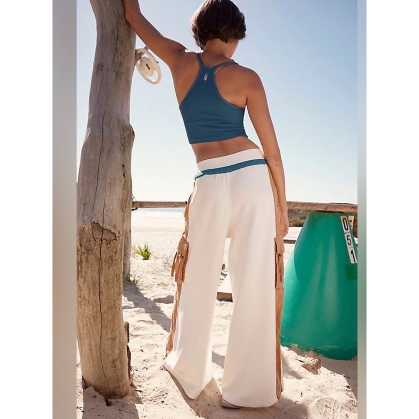 Free People FP Movement Playoff Colorblock Wide-Legs Pants Size Medium Ivory Tan