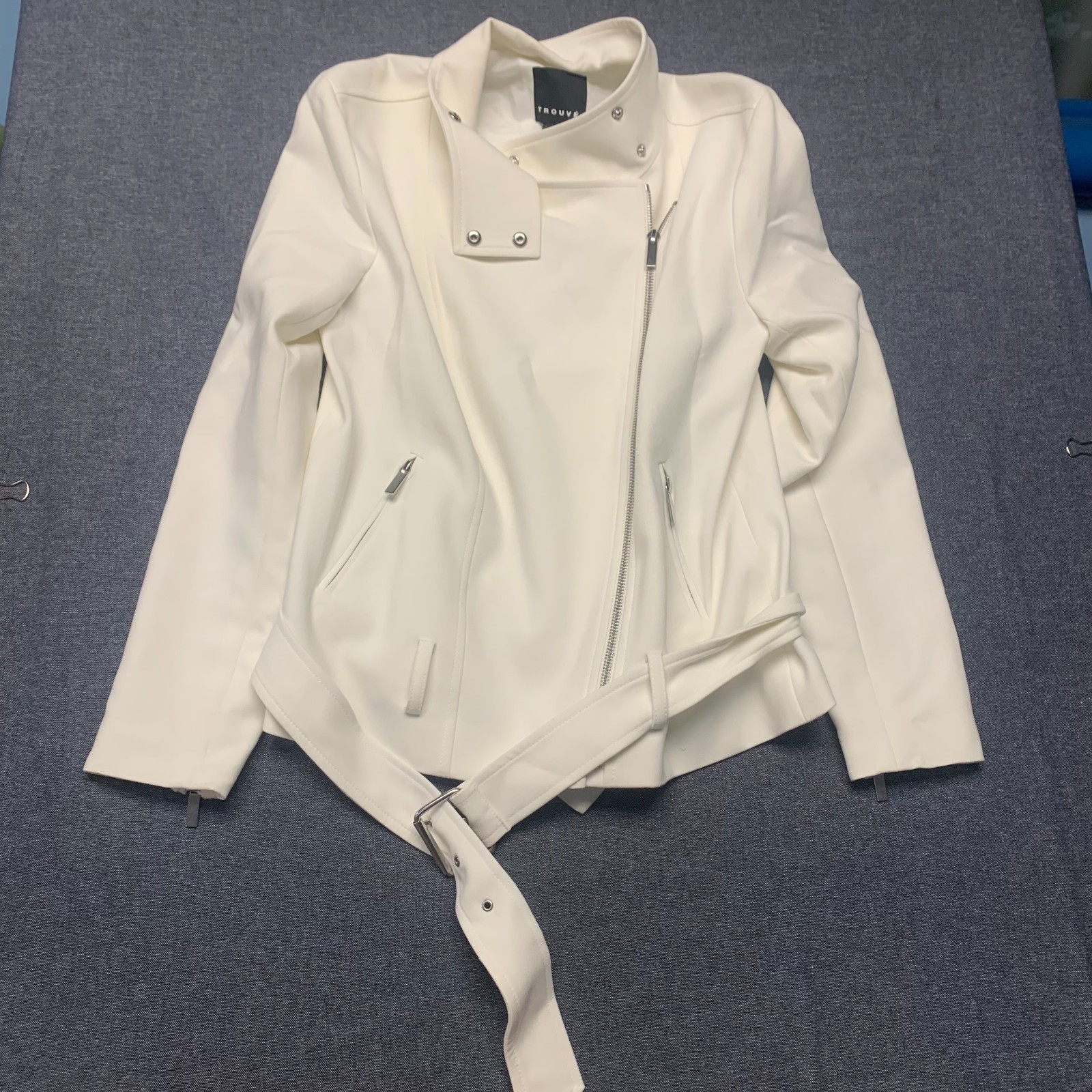 Trouvé Women’s Moto Jacket Size XS White Pockets Belted Zip Front Polyester