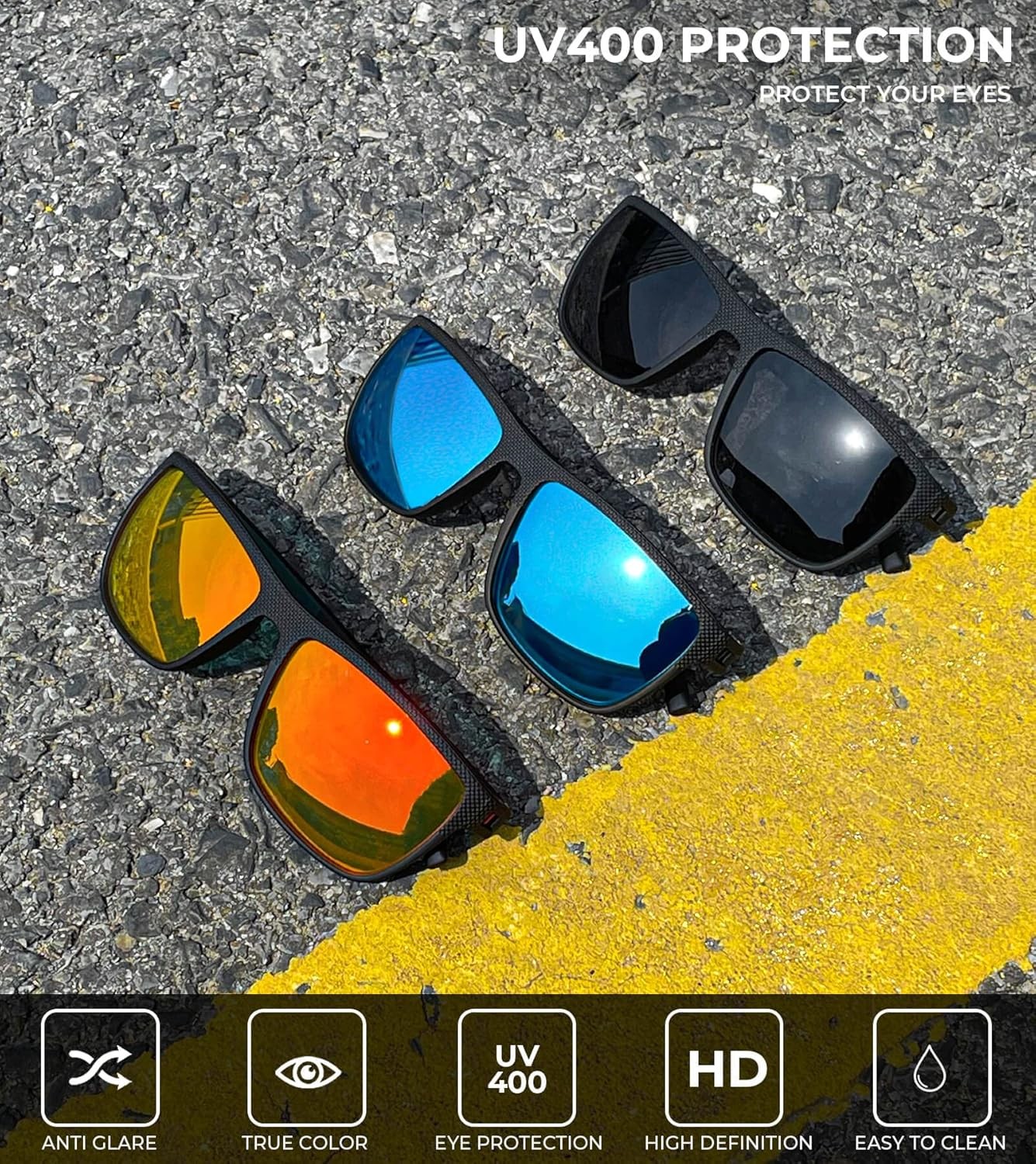 KALIYADI Polarized Sunglasses for Men, Medium, (3 Pack) Black/Ice Blue/Red