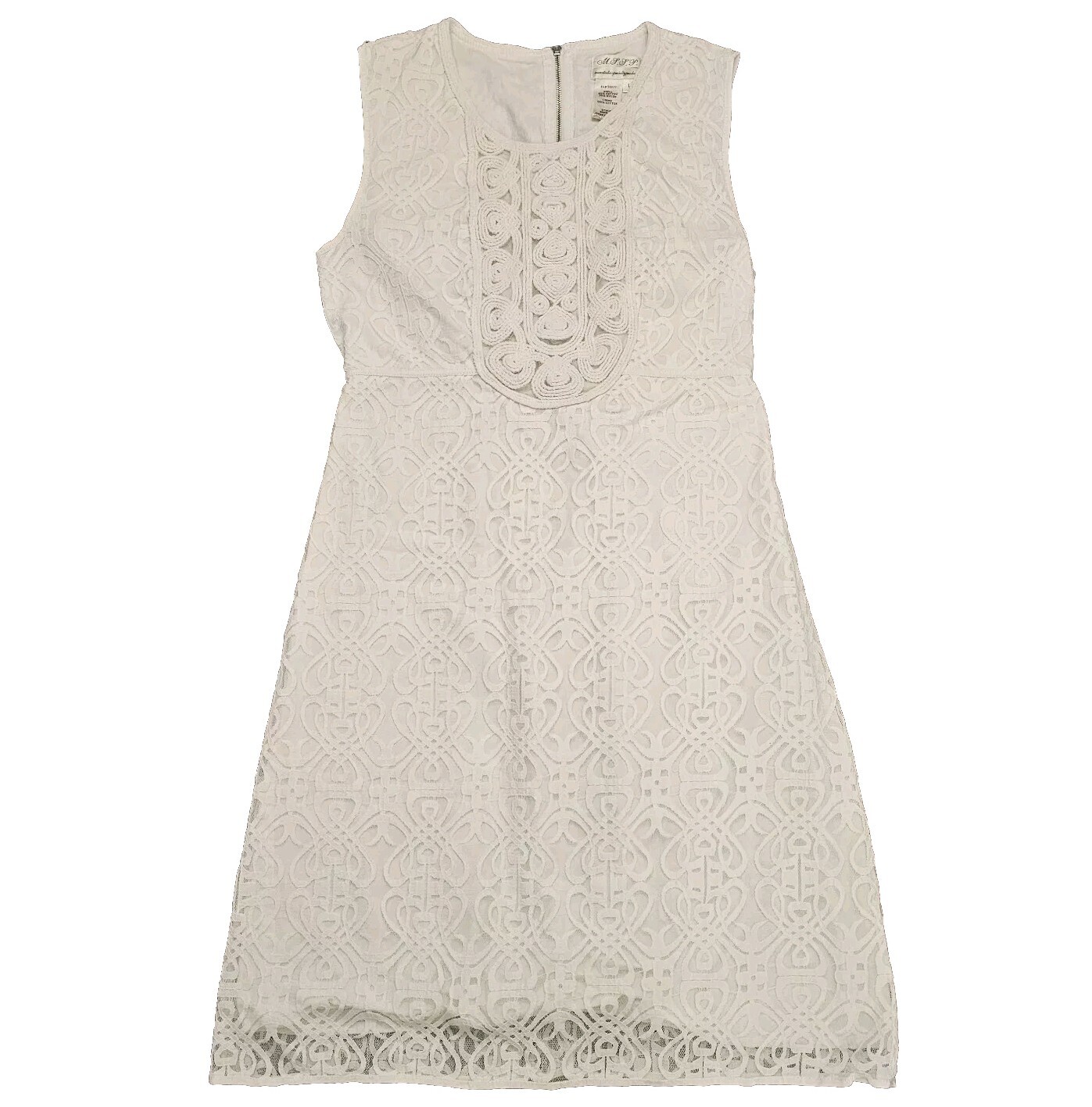 M.S.S.P Max Studio Sleeveless Short Zip-Up Sheath Dress White Crochet Lace L
