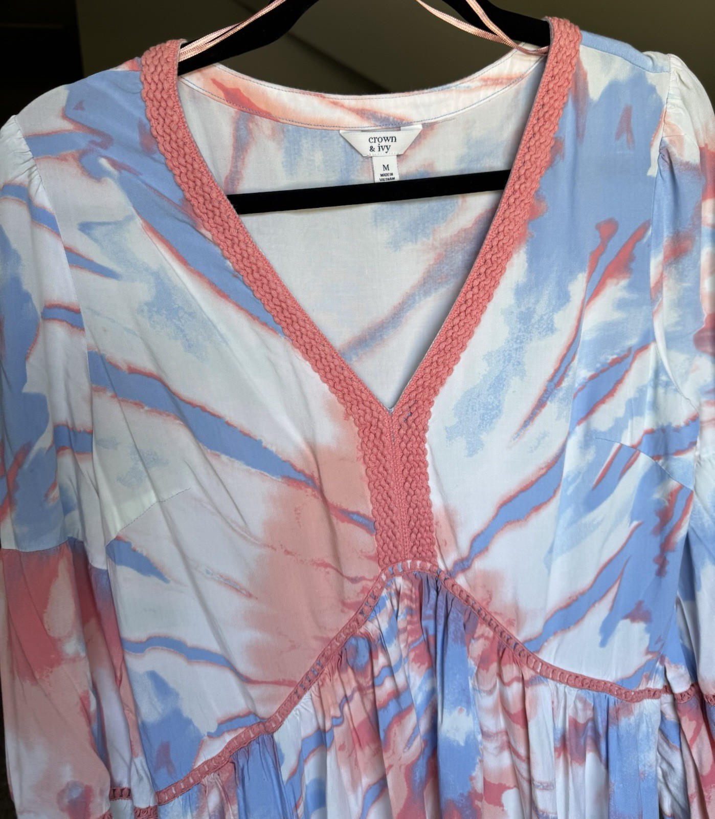 Crown & Ivy Blue Pink Peach Braided V-Neck Long Sleeve A-Line Maxi Dress Medium