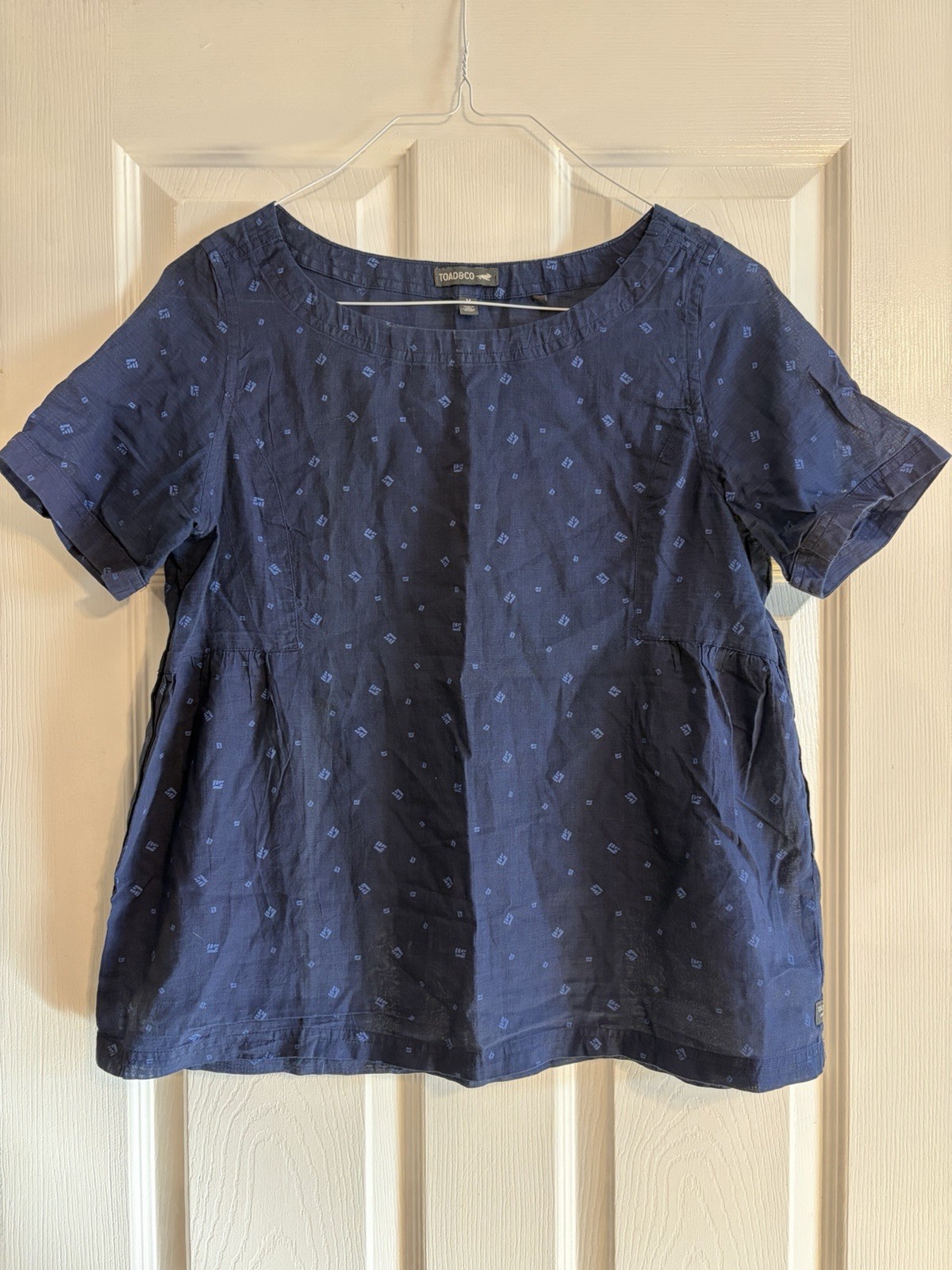 Toad & Co Indigo Swing Top Navy Blue Printed Organic Cotton Blouse Size M