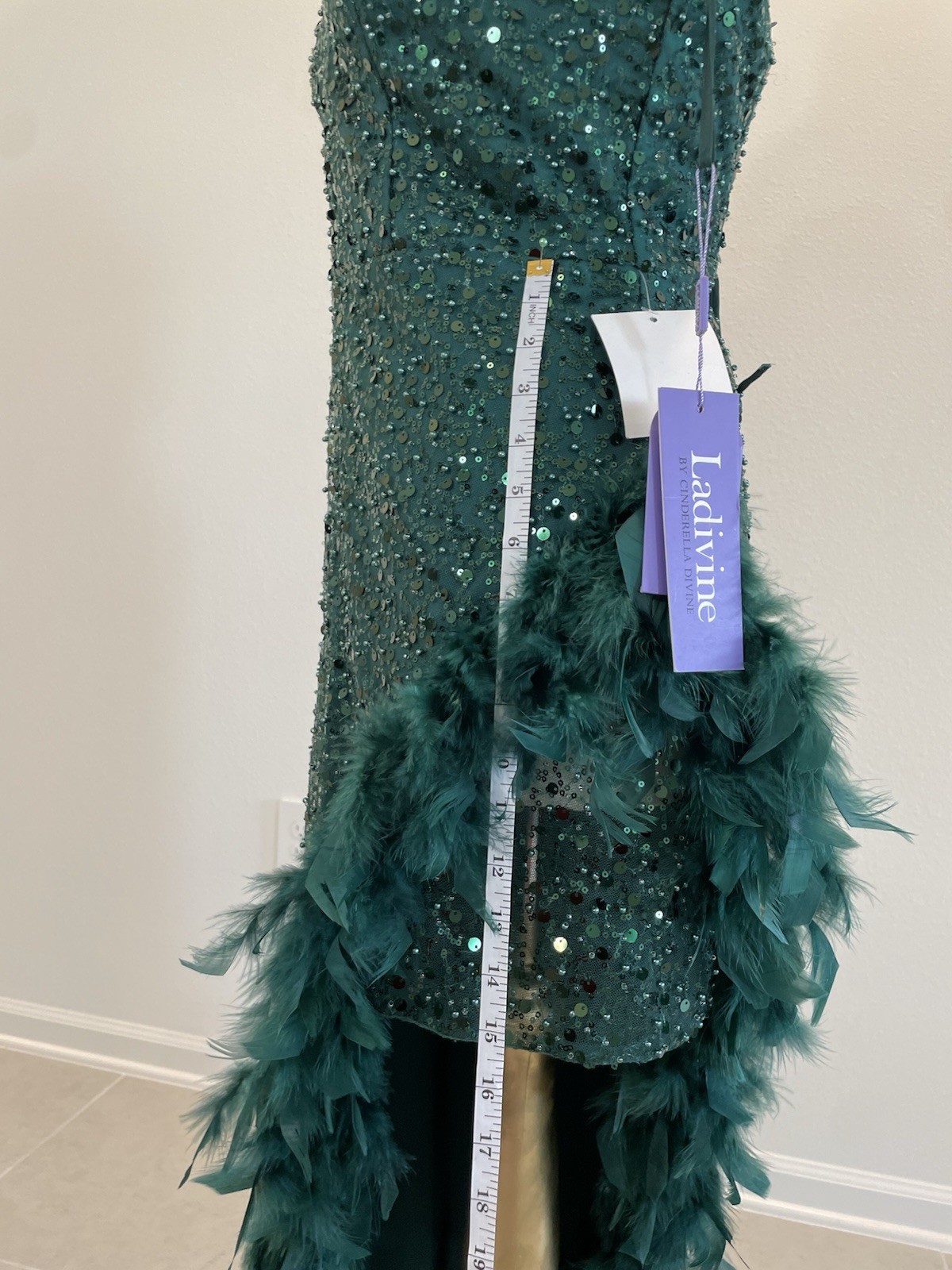 Ladivine by Cinderella Divine CD229 Emerald Sequin Feather Strapless Mermaid Go…