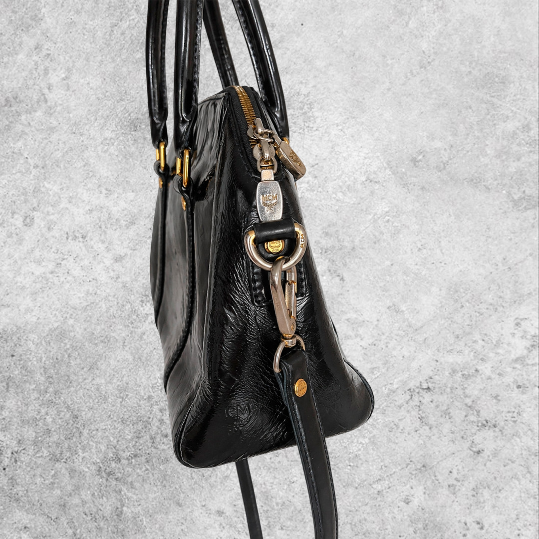 MCM Bag Luxury Black Patent Monogram Satchel Boston Bag Gold Hardware Glossy