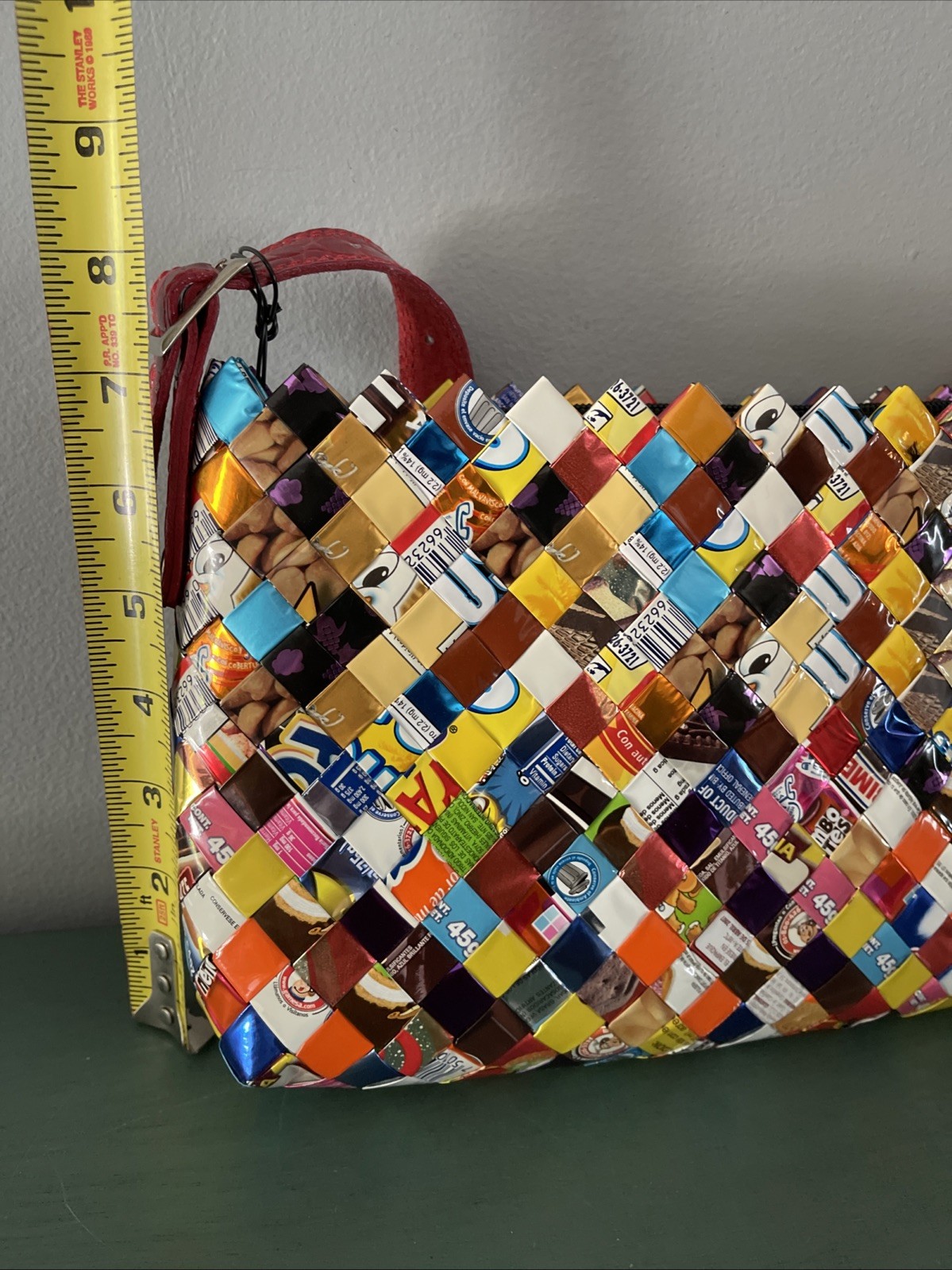 Nahui Ollin Multi Colored Woven Candy Wrapper Purse Bag Tote Zipper 13.5×7.5”