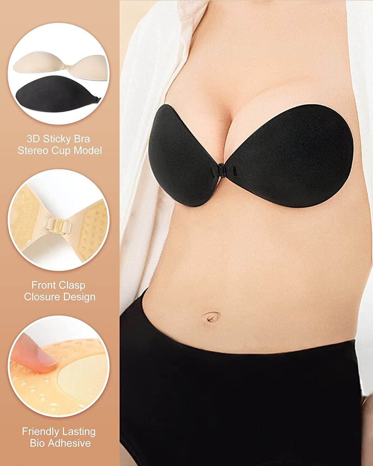 Adhesive Bra Push Up for Women 2Pair,Sticky Invisible Lifting Bra (Black+Nude/C)