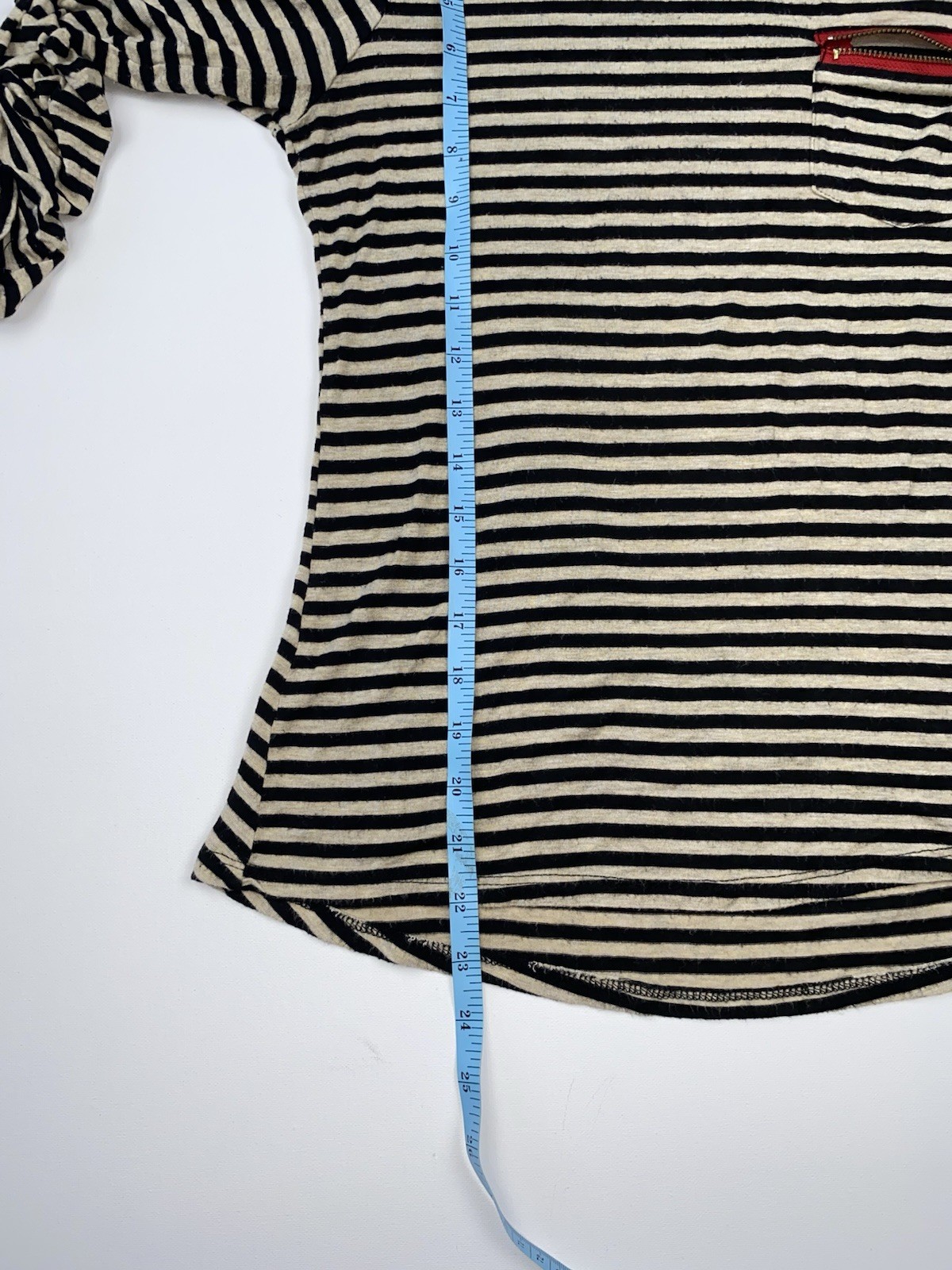 OBOE Women’s M Black Beige Striped Scoop Neck Distressed Top Red Zip Pocket
