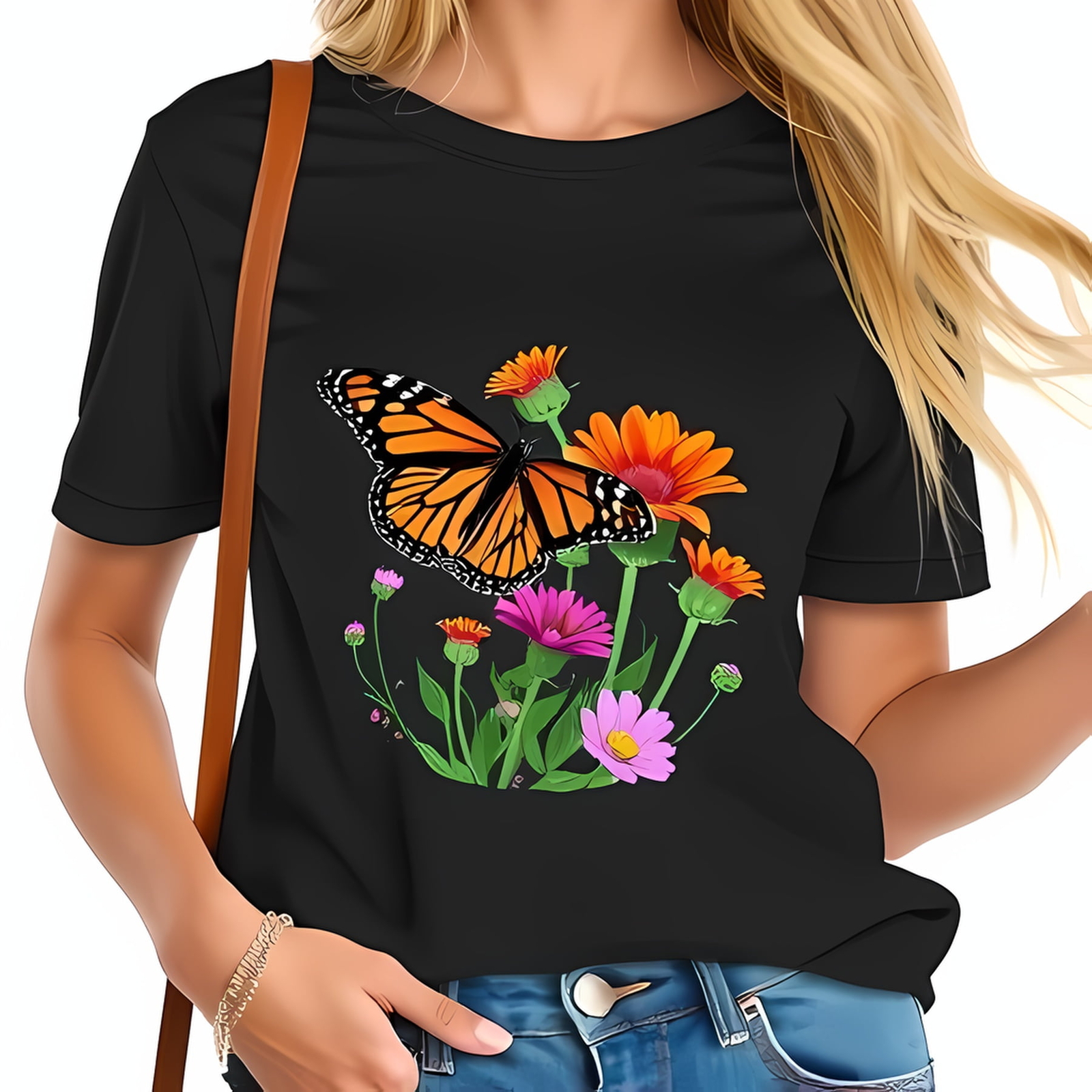 Vibrant Monarch Butterfly T-Shirt for Women – Spring Floral Design -All cotton