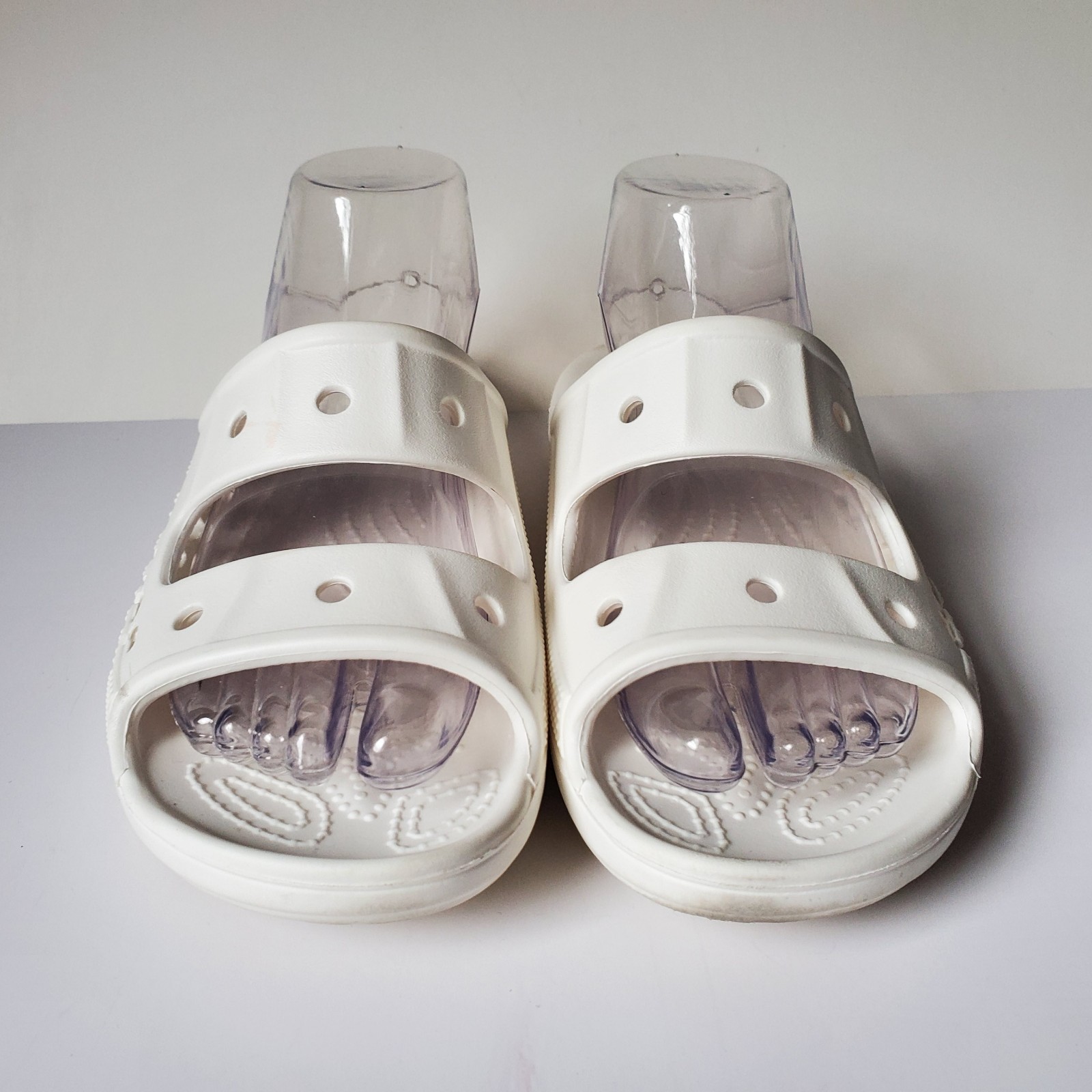 Crocs Baya Slide Sandals Unisex Women 7 Men 5 Spellout Slip-On White Two 2 Strap