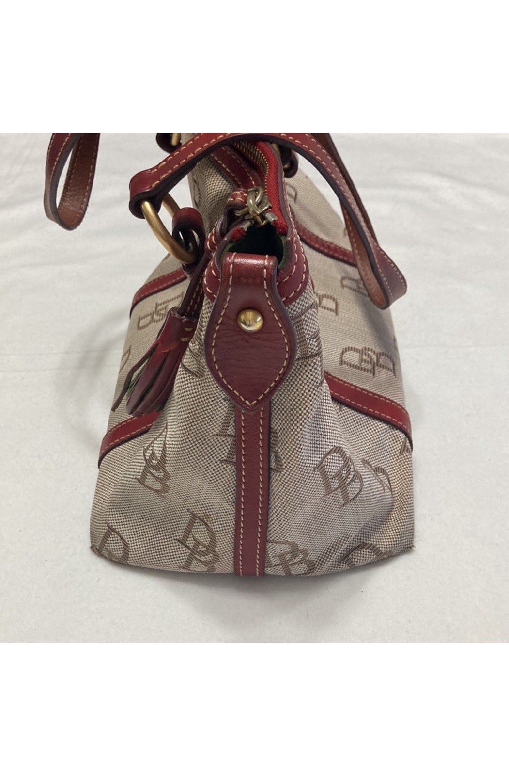 Dooney & Bourke Monogram Satchel Top Handle Zip Tassel Red Lined Gold