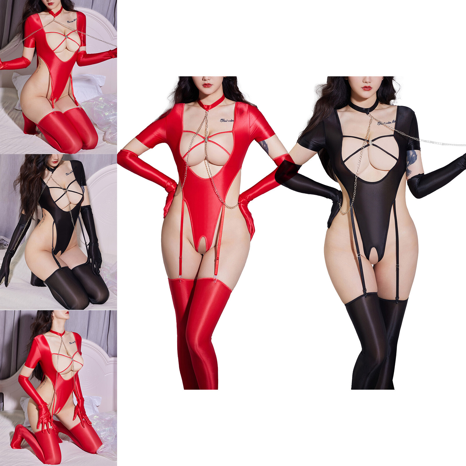 Women’s Bodysuit Glossy Deep U Neck Short Sleeve Open Crotch High Cut Leotard