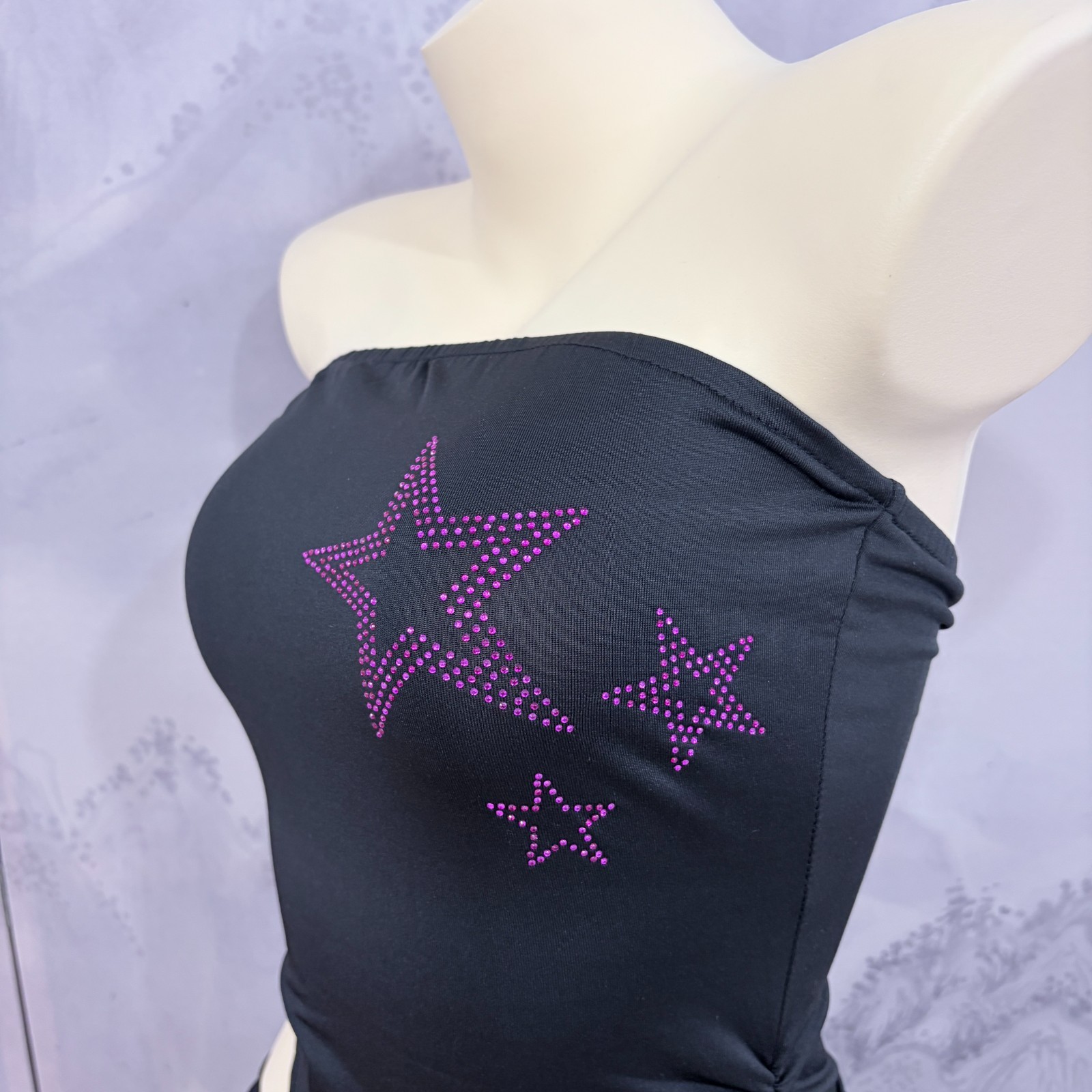 Y2K Purple Rhinestone Star Ruched Black Strapless Tube Top ｜Size S