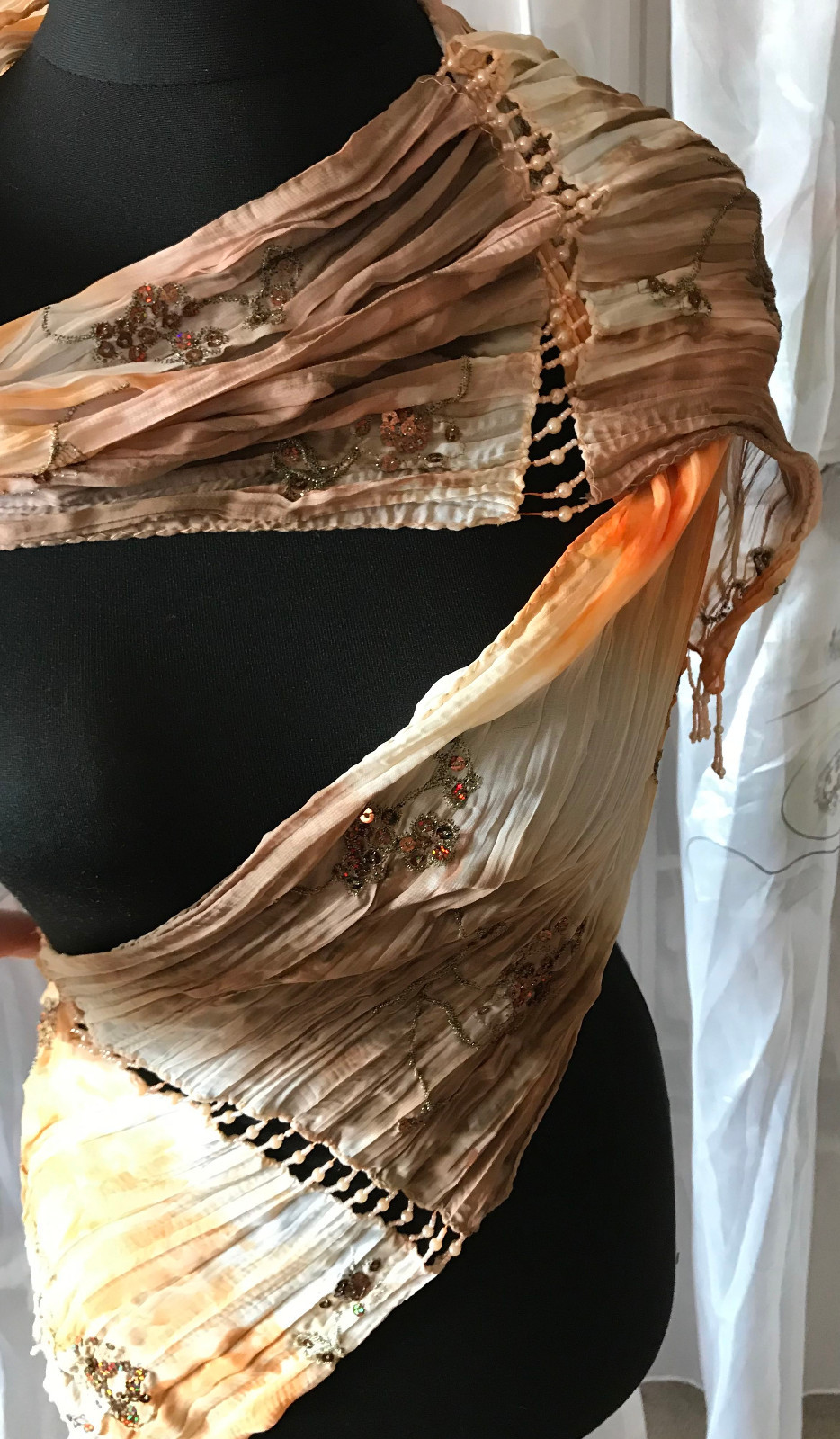 Timeless Top Scarf Approx. 11×66 7/8in Aprikot-Braun Gradient Embroidered Beads
