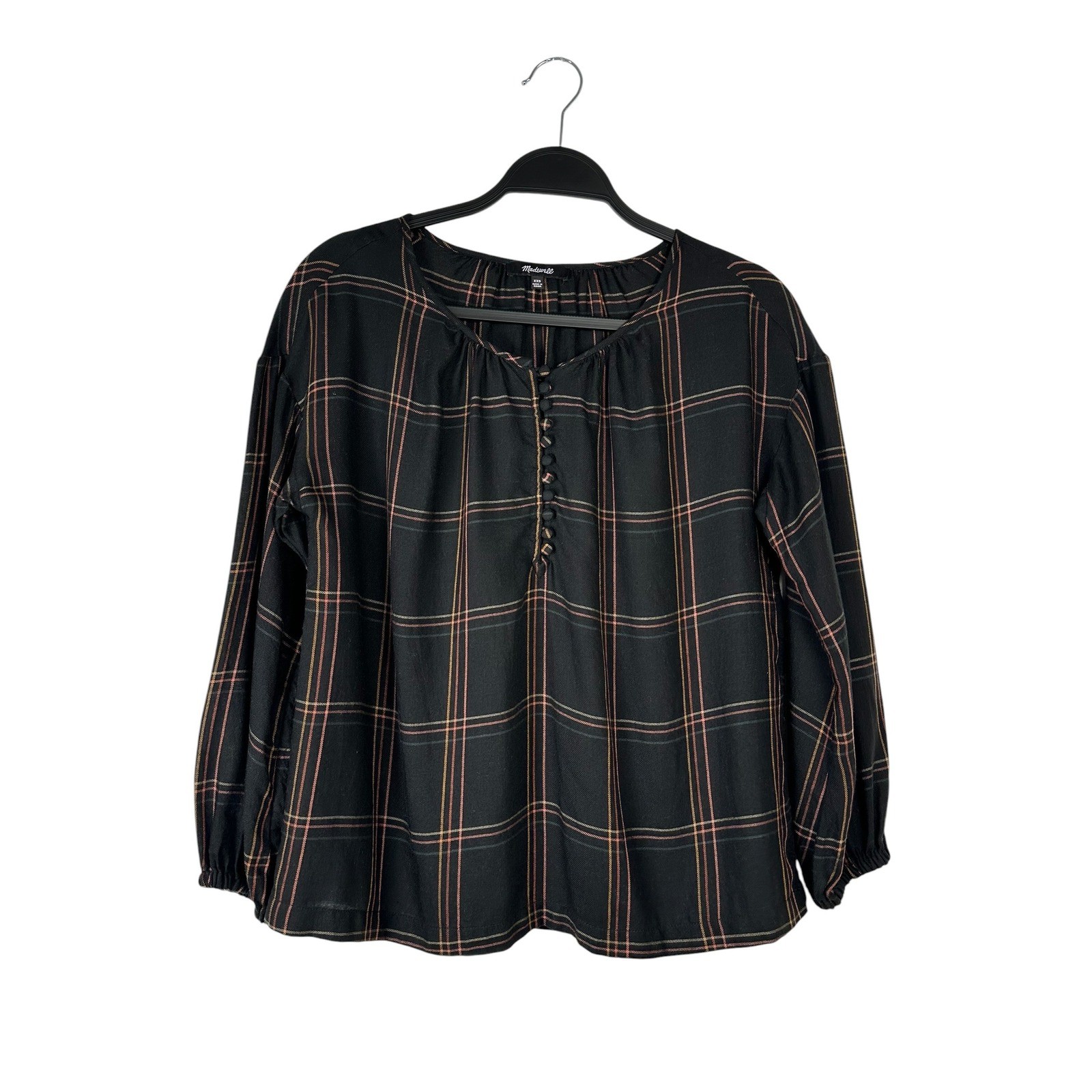 Madewell Capsule Black Plaid Button Front Pullover Blouse Relaxed Fit Wool XXS