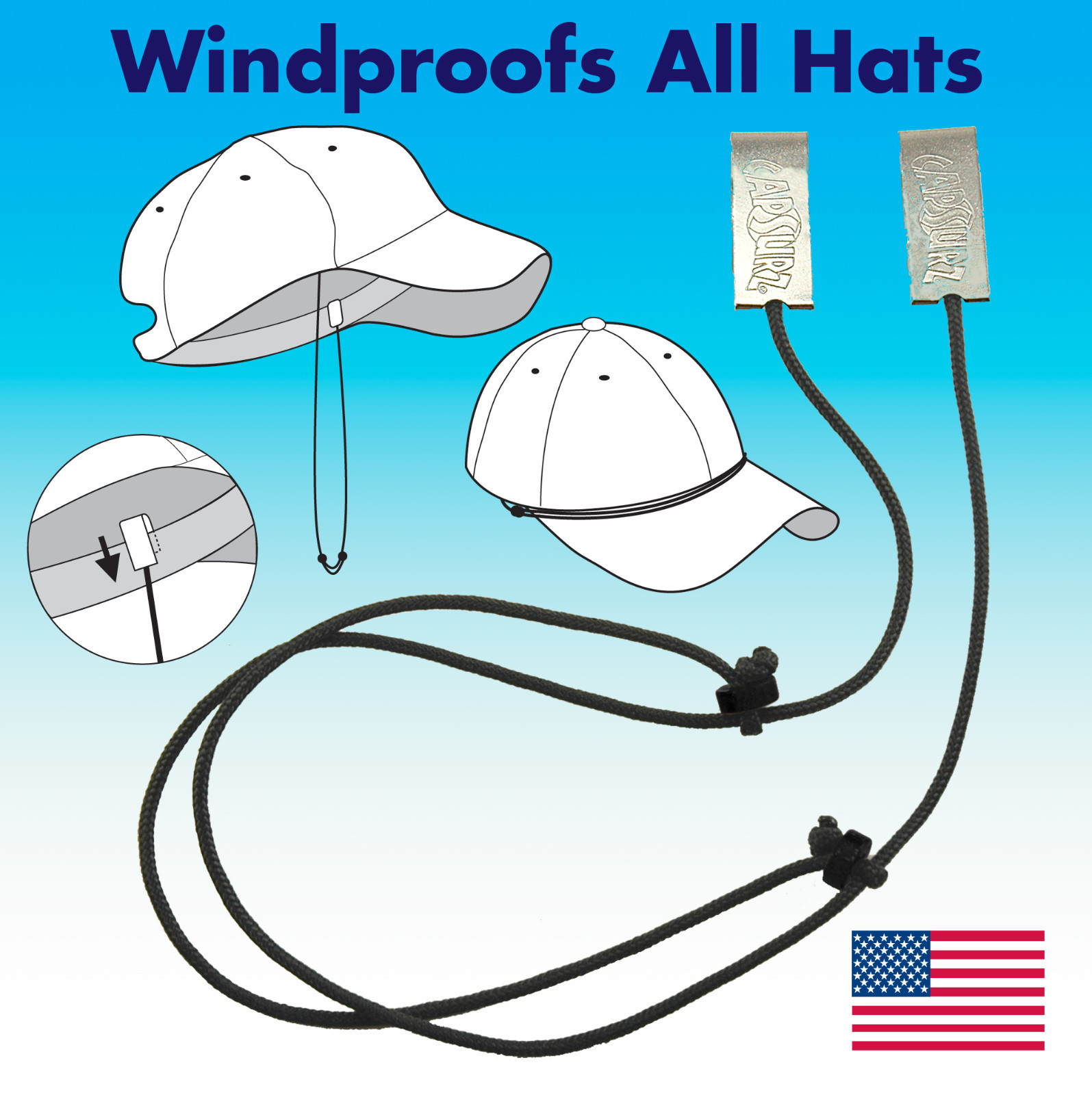 Capsurz Hat Retainer Chin Strap Clip On Hat Cord Motorcycles Boating Made in USA