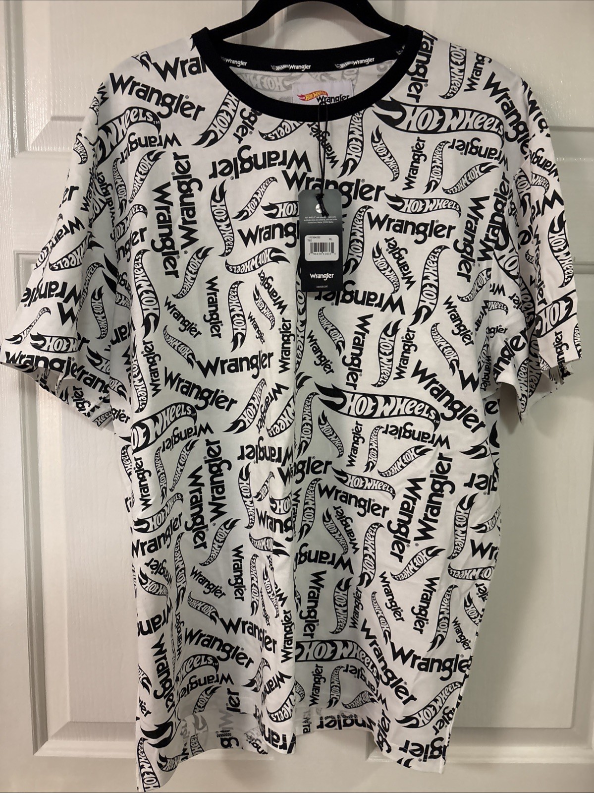 Wrangler x Hot Wheels Tee Men XL Black White All Over Print Logo Cotton