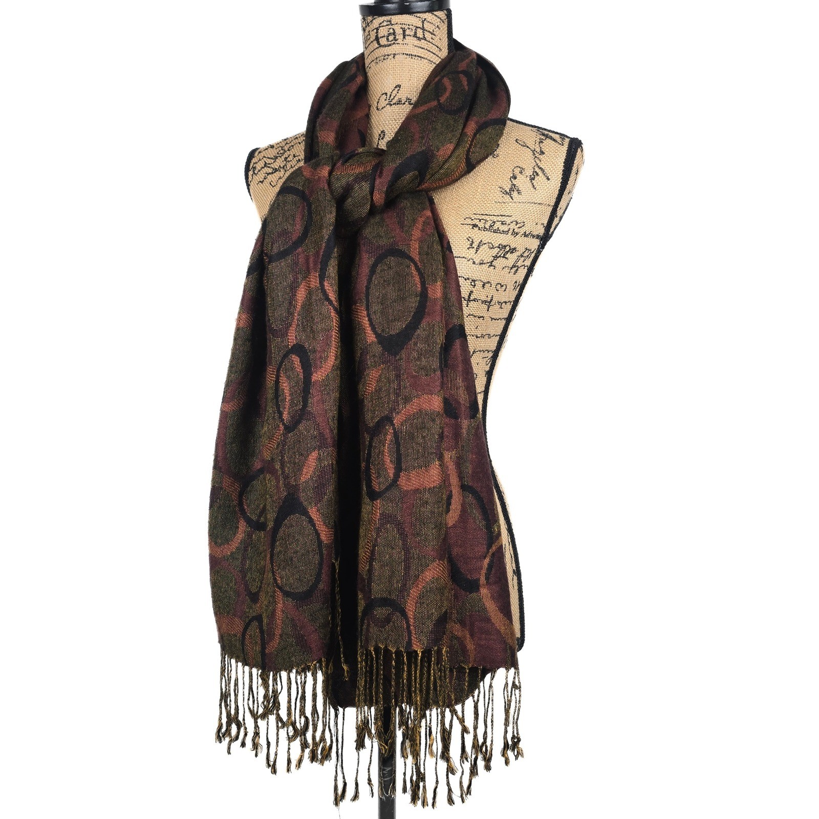 Pashmina 100% Pashmina Scarf Wrap Burgundy Copper Geometric Circle Fringe Shawl