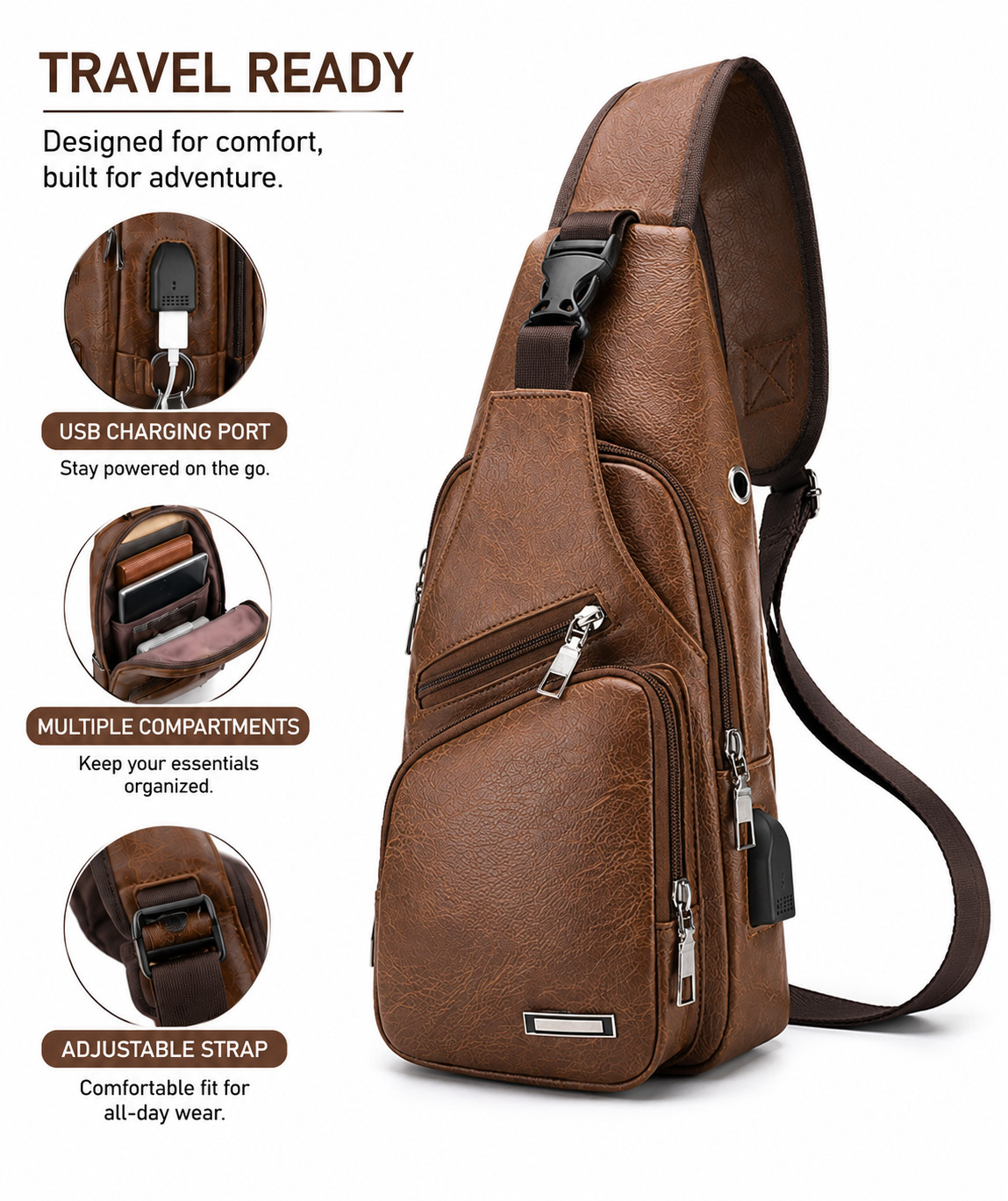 Men’s Crossbody Sling Backpack Chest Bag with USB Charger Port Lightweight Brown